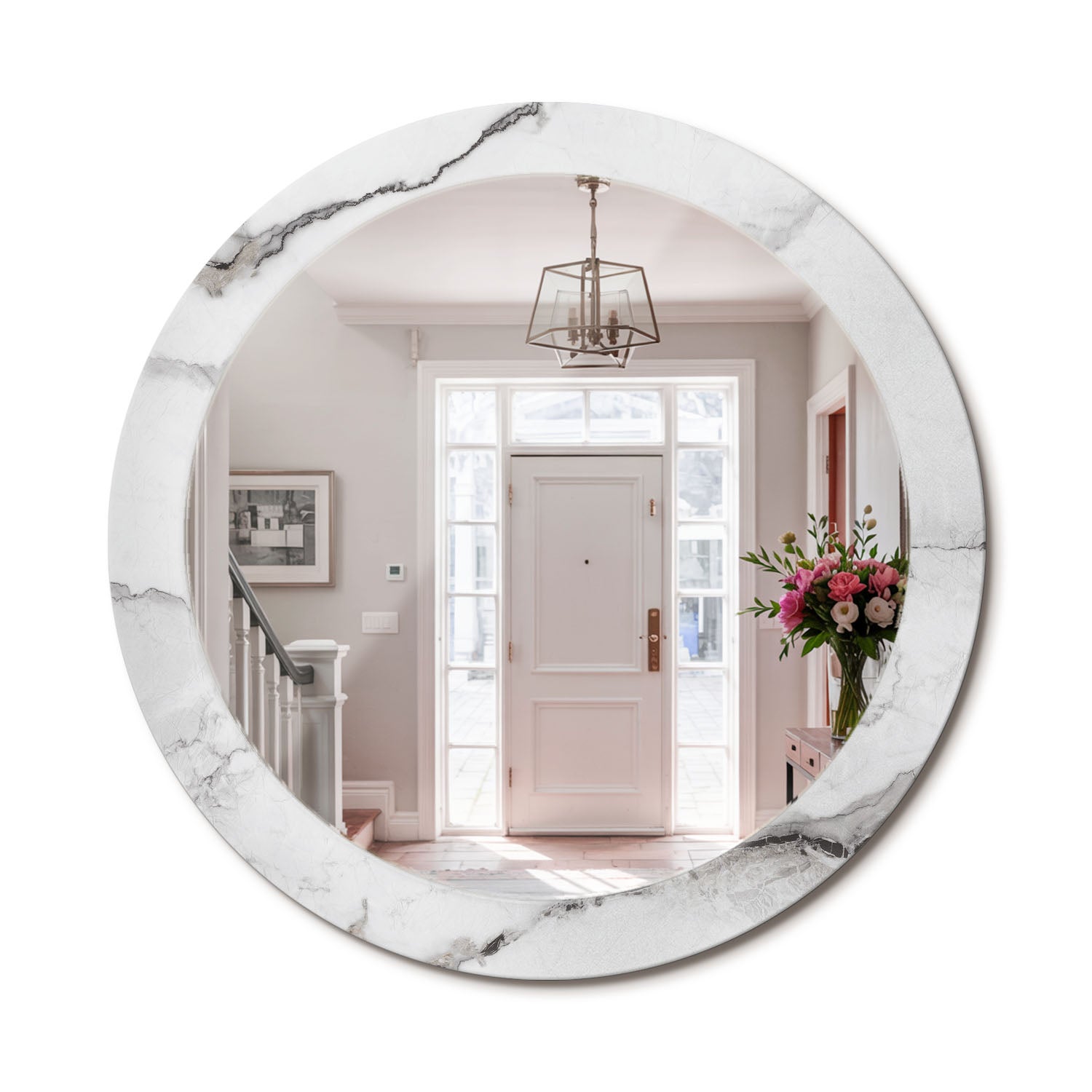 Miroir rond design avec cadre en verre trempé décoratif Marbre blanc ...