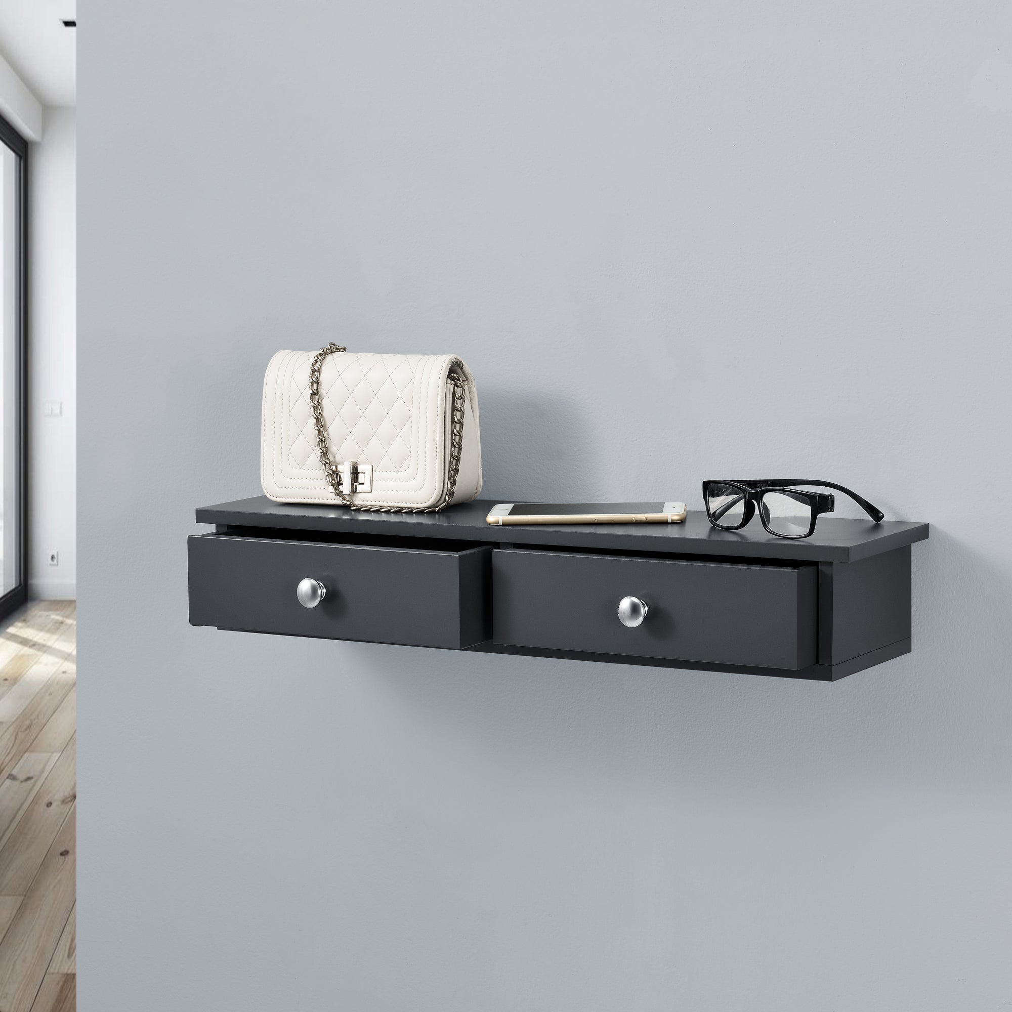 Trade Shop - Mensola Da Parete Con Cassetto Sospeso Pensile In Legno Rovere 40x24x10cm 782510 89320946