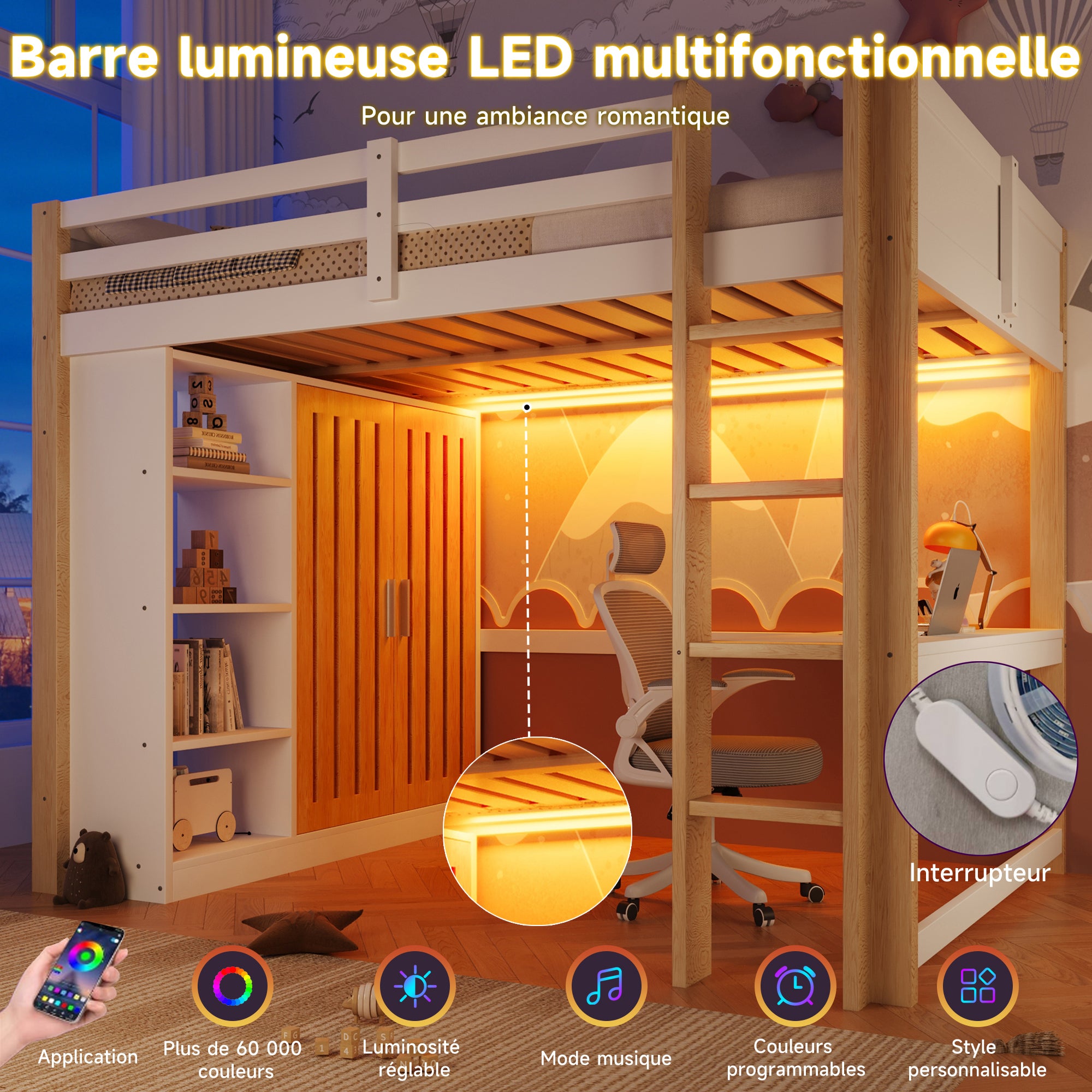 Lit mezzanine 140 x 200 cm avec armoire, étagère et bureau - Pin + MDF + contreplaqué - LEDs - Blanc et naturel (Sans matelas) - 9