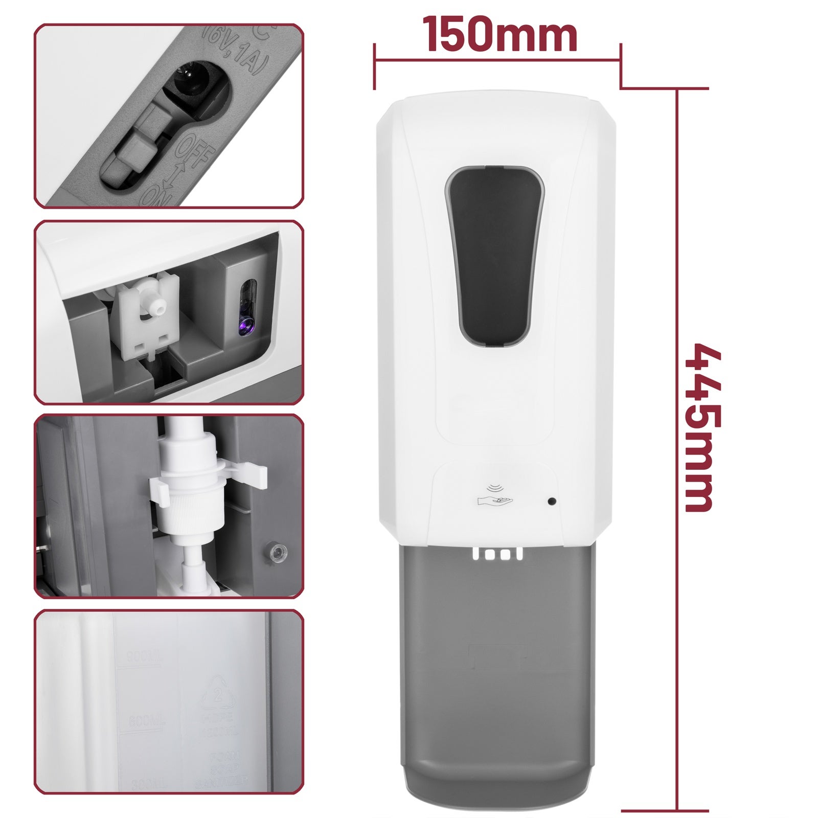 Distributore di sapone da 1200 ml con sensore a infrarossi per il montaggio a parete - 3