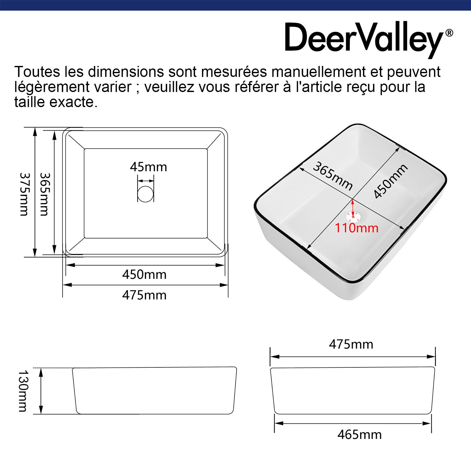 Vasque à poser céramique blanche avec bordure noire, 47,5 x 37,5 x 13 cm, design moderne, parfaite pour salle de bain,DeerValley - 2