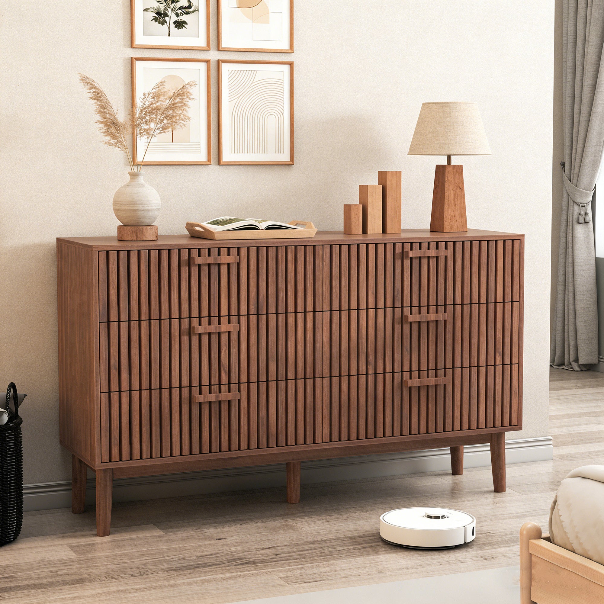 Commode avec 6 tiroirs, COZY, commode de chambre en bois, pieds en bois, 100x34x73 cm, Aspect bois, pour chambre salon, Bois noyer - 2