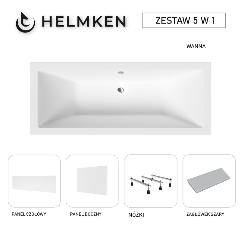 Wanna akrylowa Helmken Alvaro 170 x 75 + Panel czołowy i boczny Biały + Zagłówek szary + Nóżki / 23096003ZW