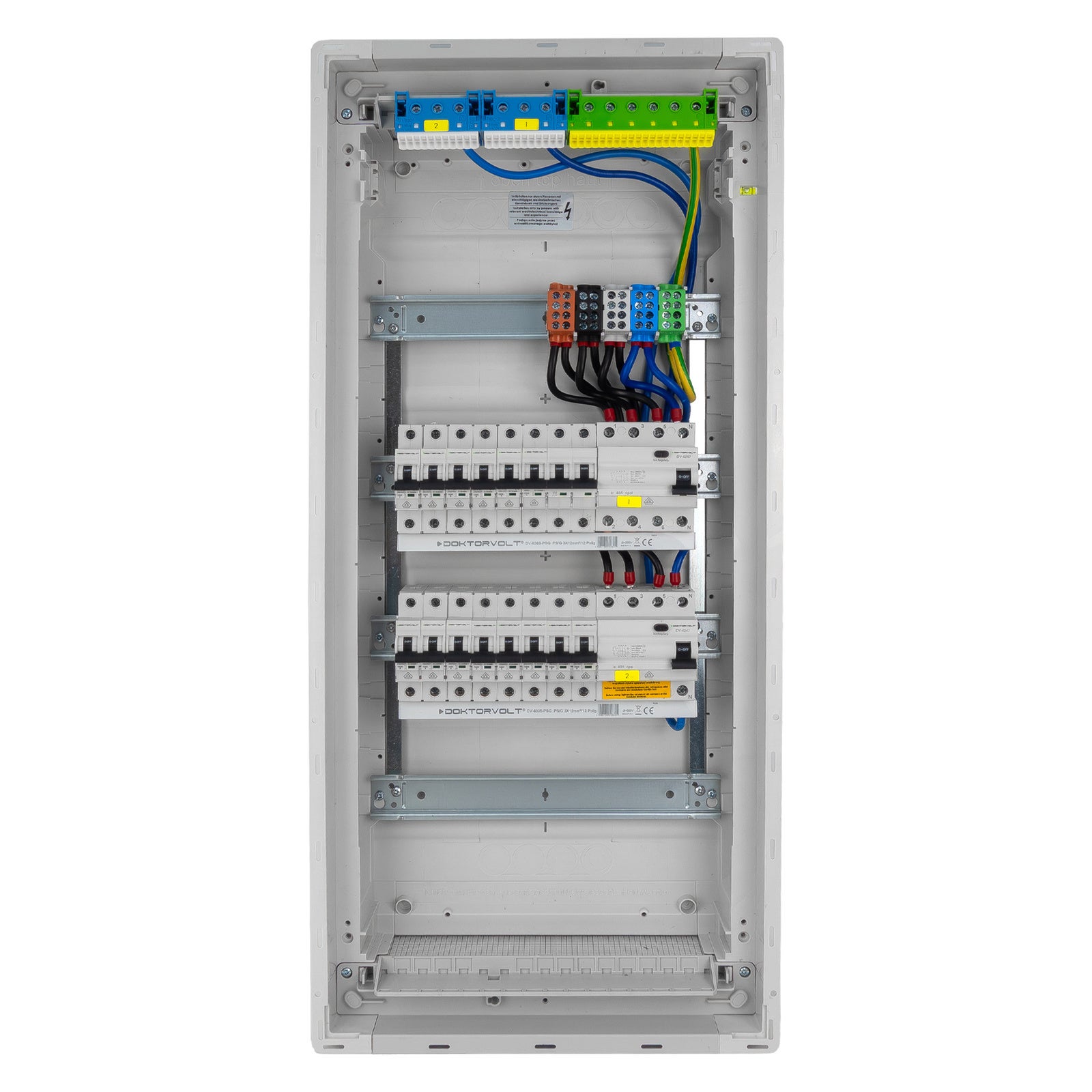 Rozdzielnica modułowa podtynkowa 4x12 zabezpieczona 14xMCB 2xRCCB VDE 755,50 x348x98mm zaciski rozgałęźne L1, L2, L3, N, PE Doktorvolt DV-6265-PT