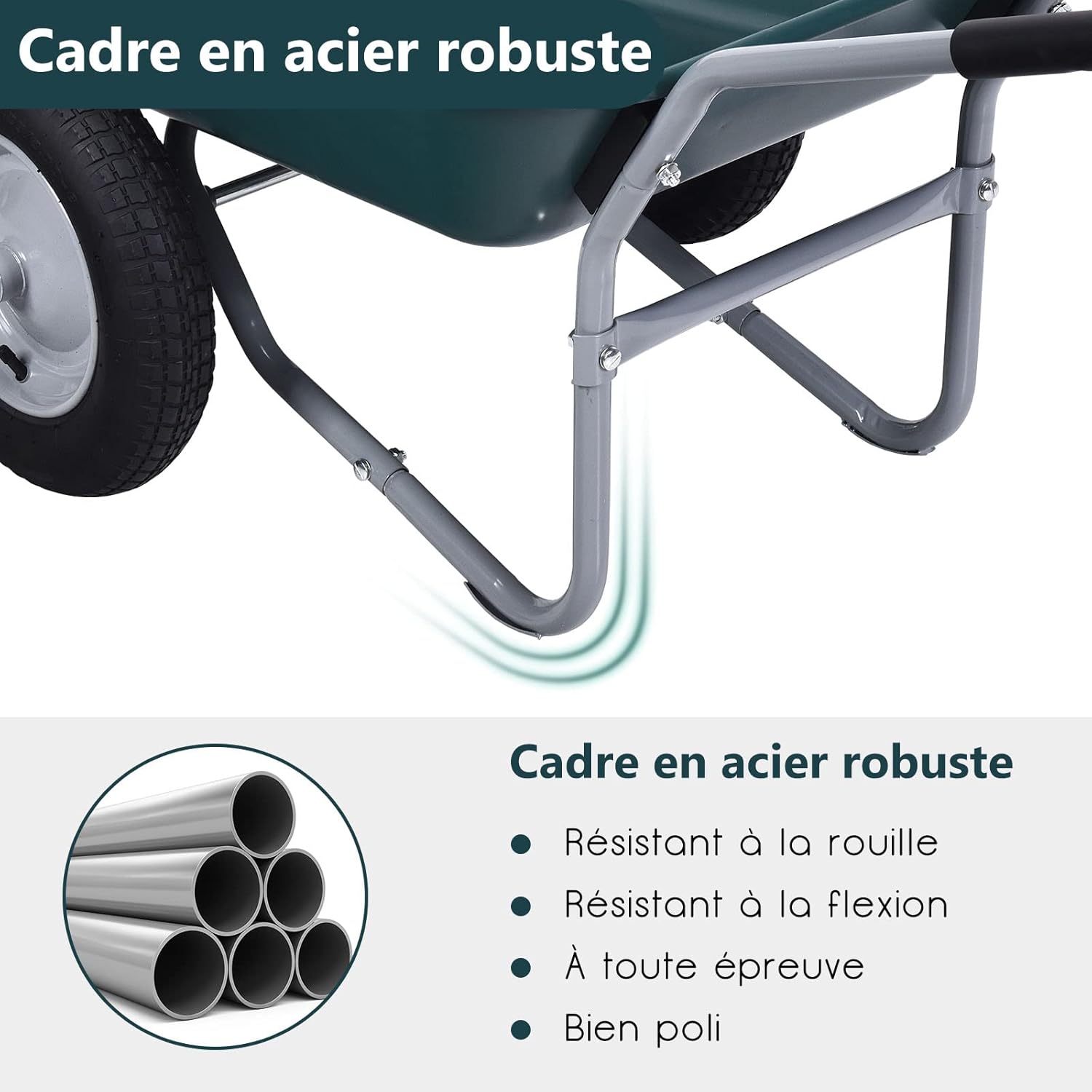 Brouette de Jardin 2 Roues Pneus Pneumatiques Ø35cm 75L Charge Max 100KG Résistante en Fer pour Jardinage/Maçonnerie Vert - 4