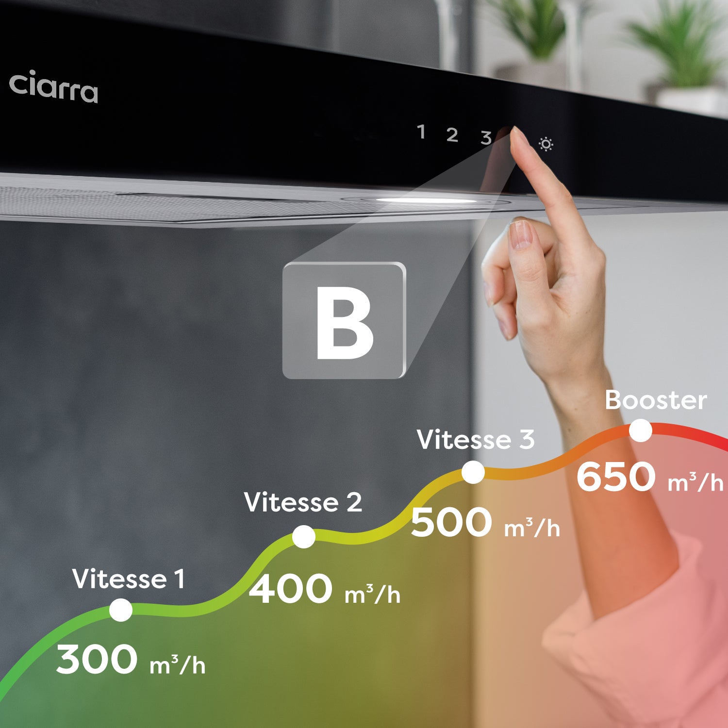 CIARRA Hotte Tactile 60cm 650m3/h A+++ 4 Vitesses Booster Recyclage ou Evacuation Inox CBCS6102 - 2