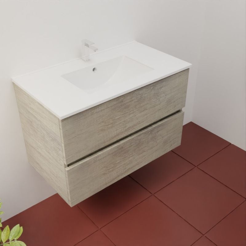 Meuble salle de bain suspendu 80 cm ROSALY INOX- Bois- Plan vasque en Céramique - 3