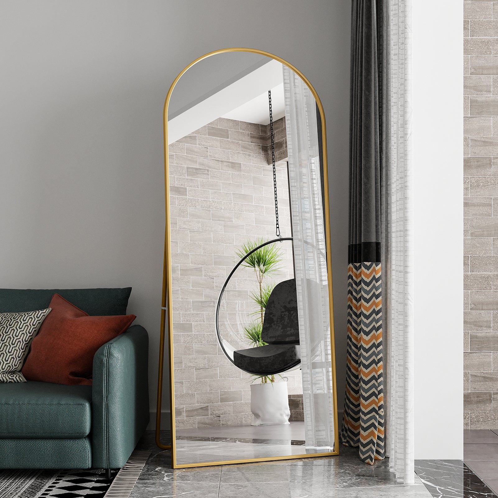 Miroir arc métal doré Arche 180 x 80 cm, Grand miroir sur pied bombé, Cadre en aluminium, Pleine longueur, Miroir pleine longueur, Monté au mur, Doré - 6
