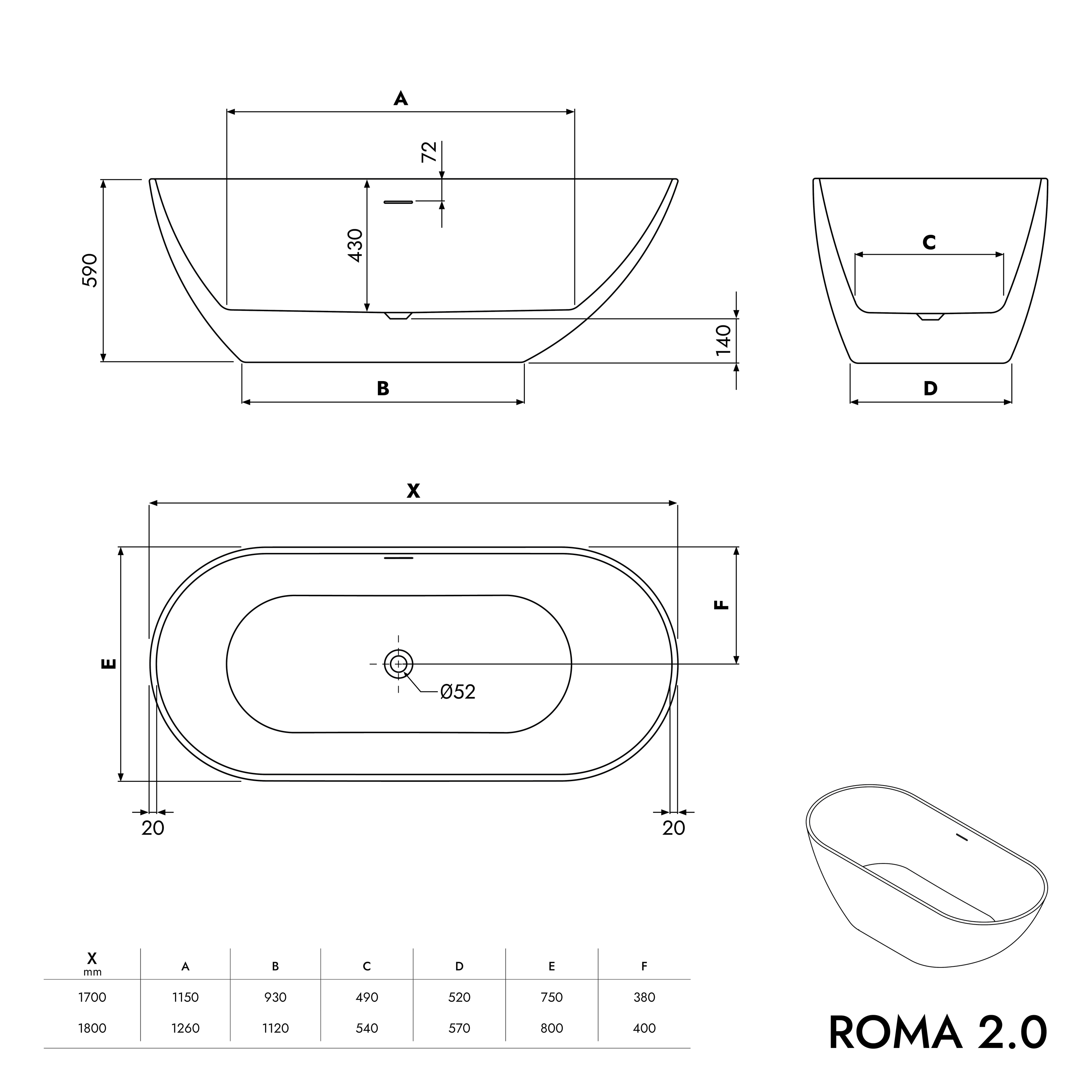 Bernstein Wanna wolnostojąca ROMA 2.0 wanna owalna akrylowa biały mat 170x75x58 cm - 7