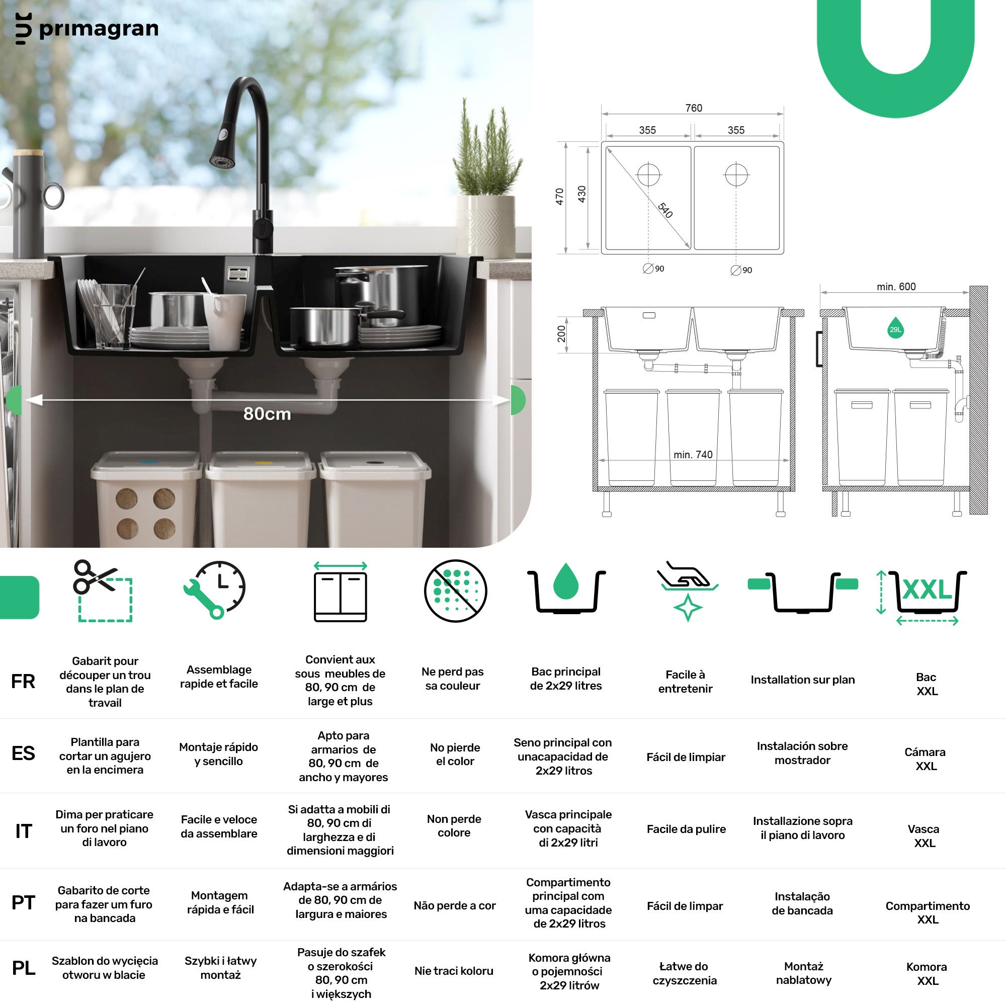 Lavandino da Cucina Bianco 76x47cm, Lavello in Granito a 2 vasche + Sifone Classico + Accessori, Lavabo da Cucina Incasso al mobile 80cm PRIMAGRAN - 6