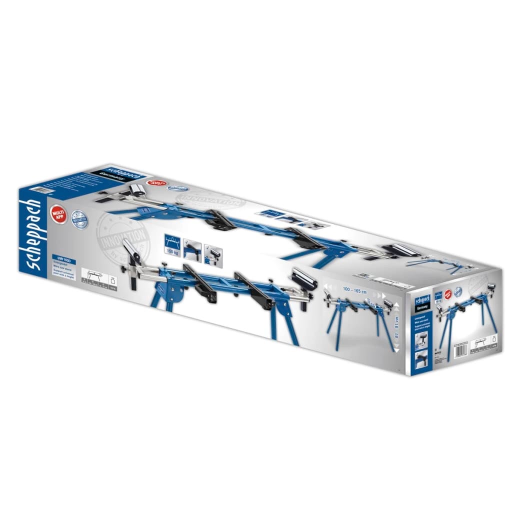 Scheppach Support scies à onglets UMF1600 - charge max 200 kg - extensible 100-165 cm - Support stationnaire - Hauteur max 81 cm - 3