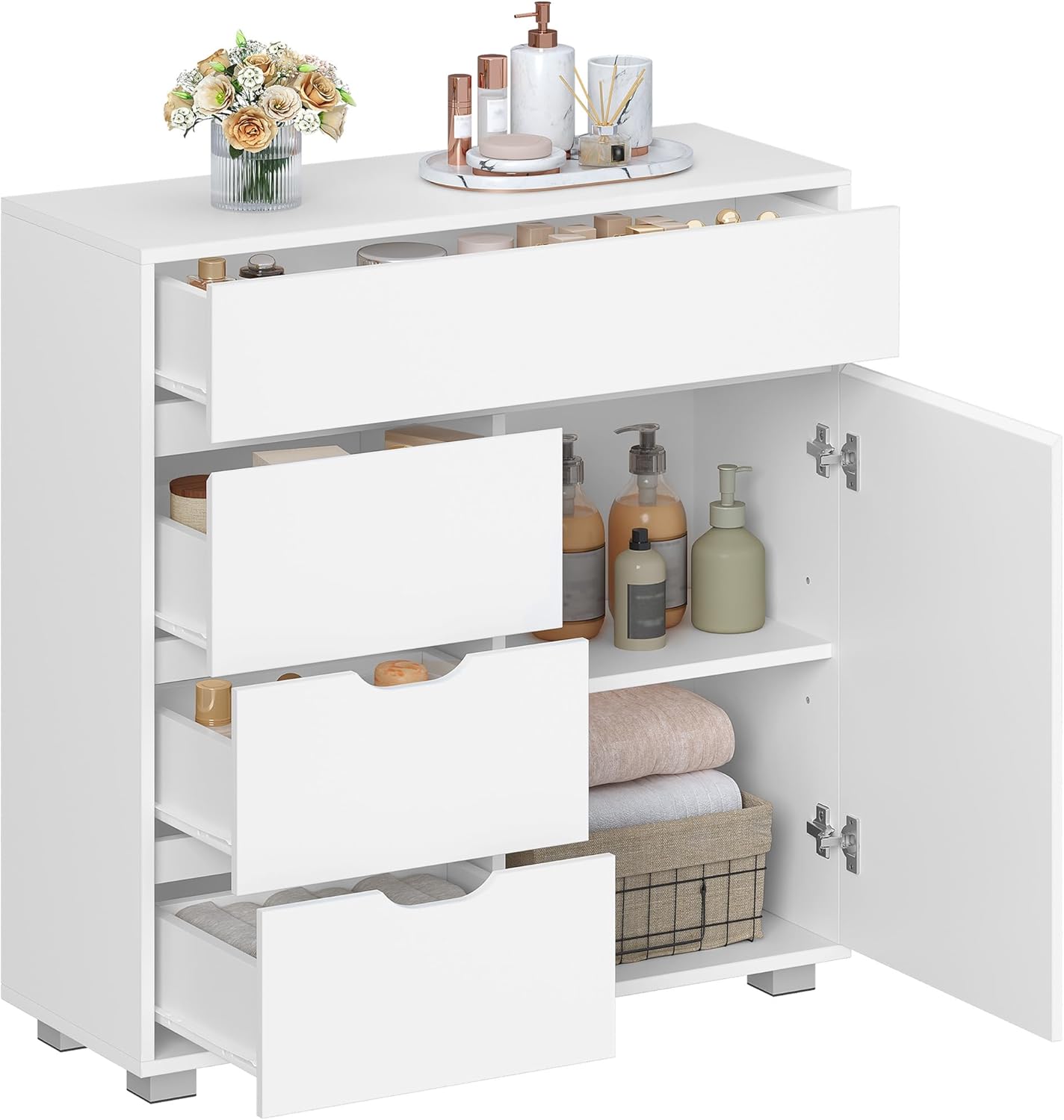 Meuble Salle de Bain, Armoire de Rangement avec Étagère Réglable, Commode avec 4 Tiroirs et 1 Porte, Moderne, pour Salon, Salle de Bain, Blanc - 7