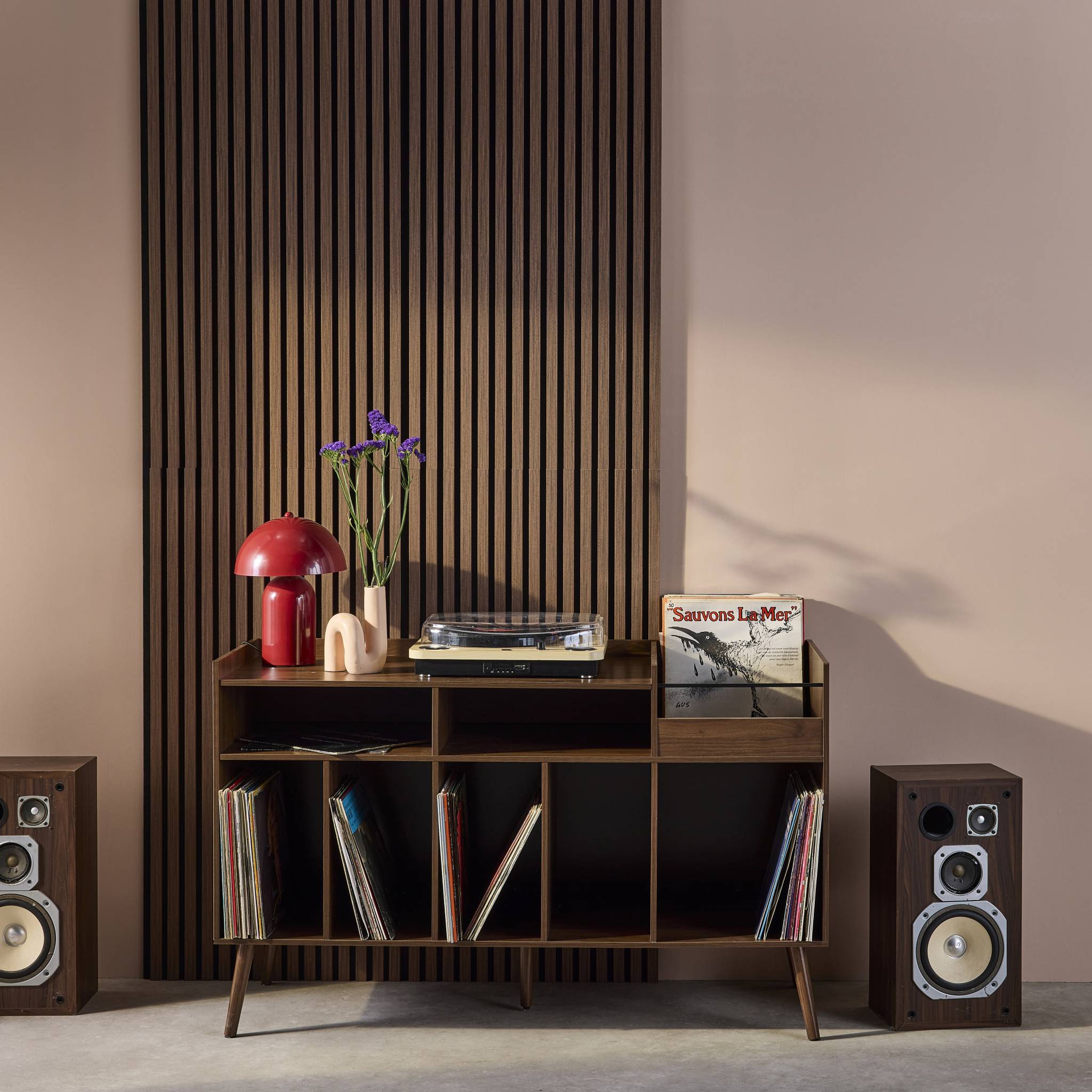 Mueble de vinilos XL vintage efecto madera oscura, 130cm, Nepal, Madera oscura, 130x50x80 cm - 2