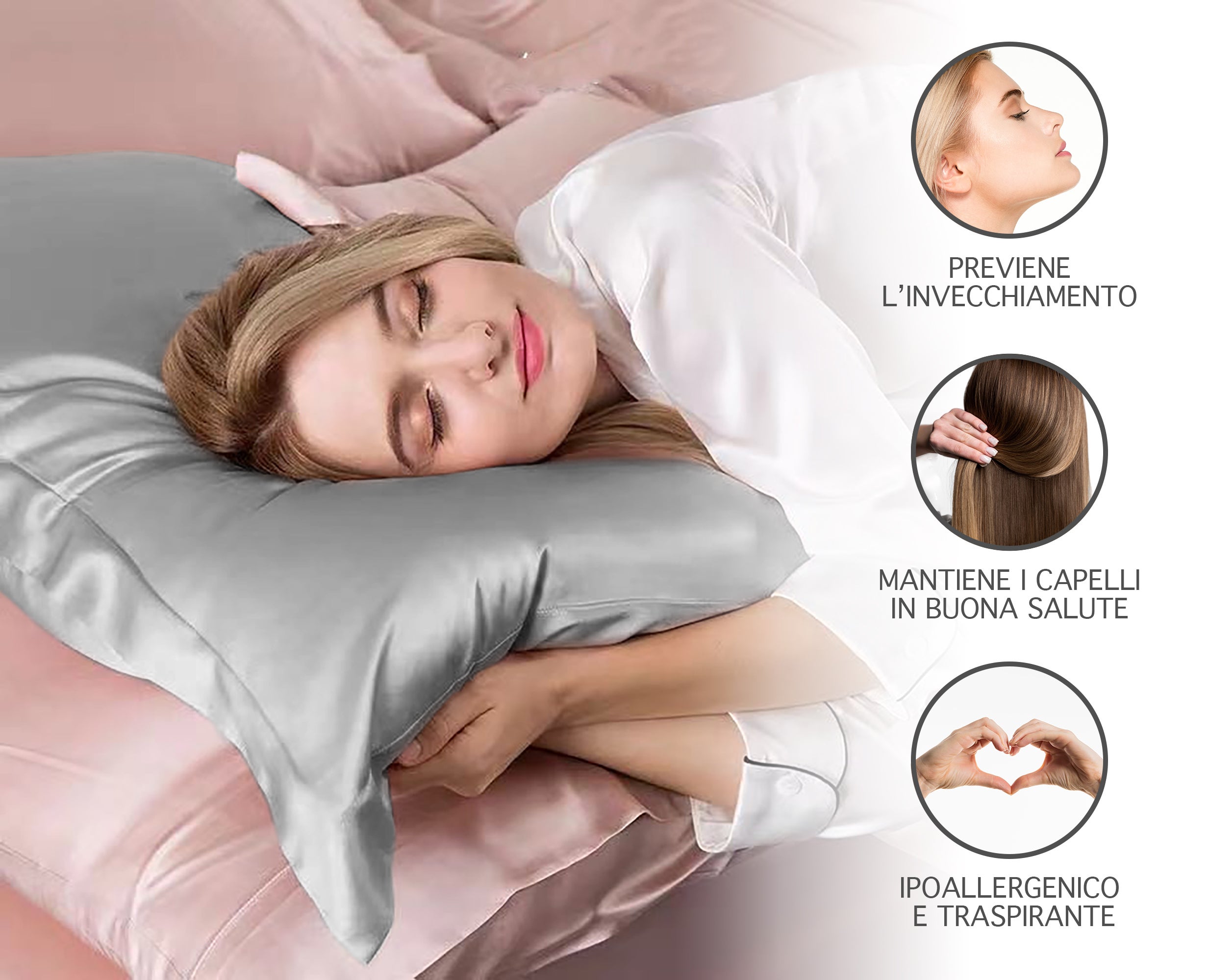 Federa 100% Seta Di Gelso 50x80Cm Chiusura Zip Con Volant da 5 Cm Anticrespo Anti-Age Rigenerante Cromoterapia - Grigio - 2