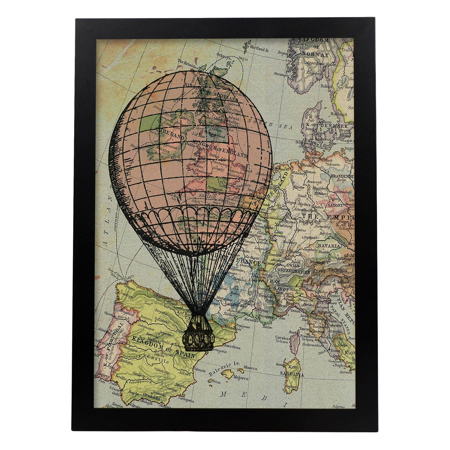 Poster de globo rosa en europa. láminas de globos aeroestaticos. diseño con imagenes de globos. marco madera clara - a3