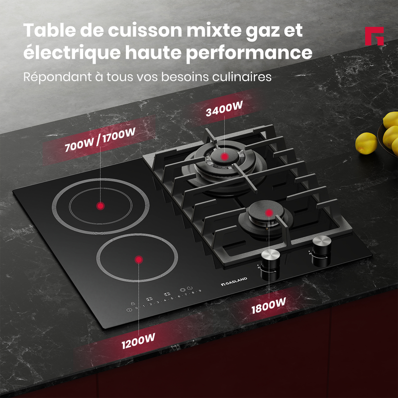 GASLAND GCH604BF Table de cuisson mixte 4 zones 8,1 kW, Plaque de cuisson 2 vitrocéramique + 2 gaz, Revêtement verre - 2