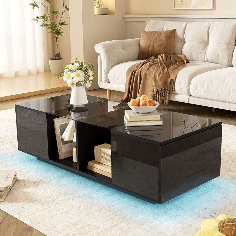 Zdjęcia - Stolik kawowy Leroy Merlin Nowoczesny LED z błyszczącym lakierem i szklanym blatem, 120x50x38,5 cm, praktyczny schowek i ele