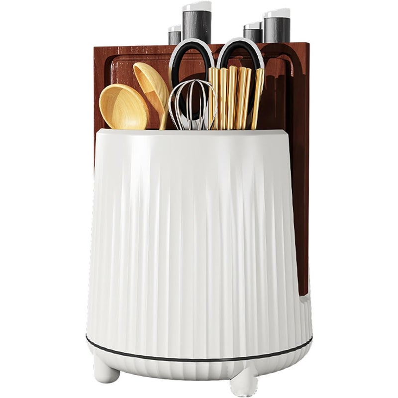 Akcesoria kuchenne do przechowywania, wielofunkcyjny obrotowy stojak do przechowywania, pałeczki, nóż, deska do krojenia, ociekacz (biały)