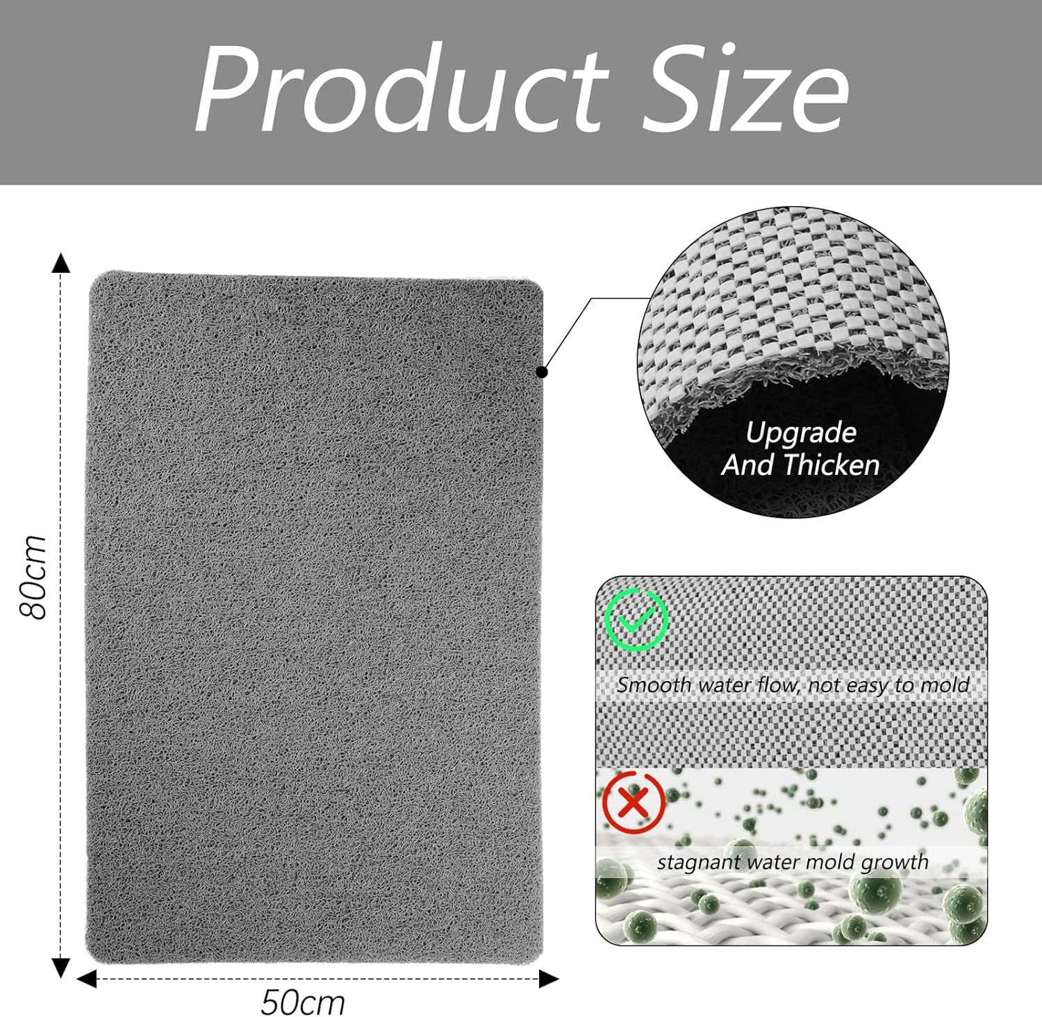 Tapis de Douche Antidérapant Doux Loofah Anti Moisissure PVC Tapis de Bain pour Cabine de Douche Salle de Bains 50x80cm Gris - 4