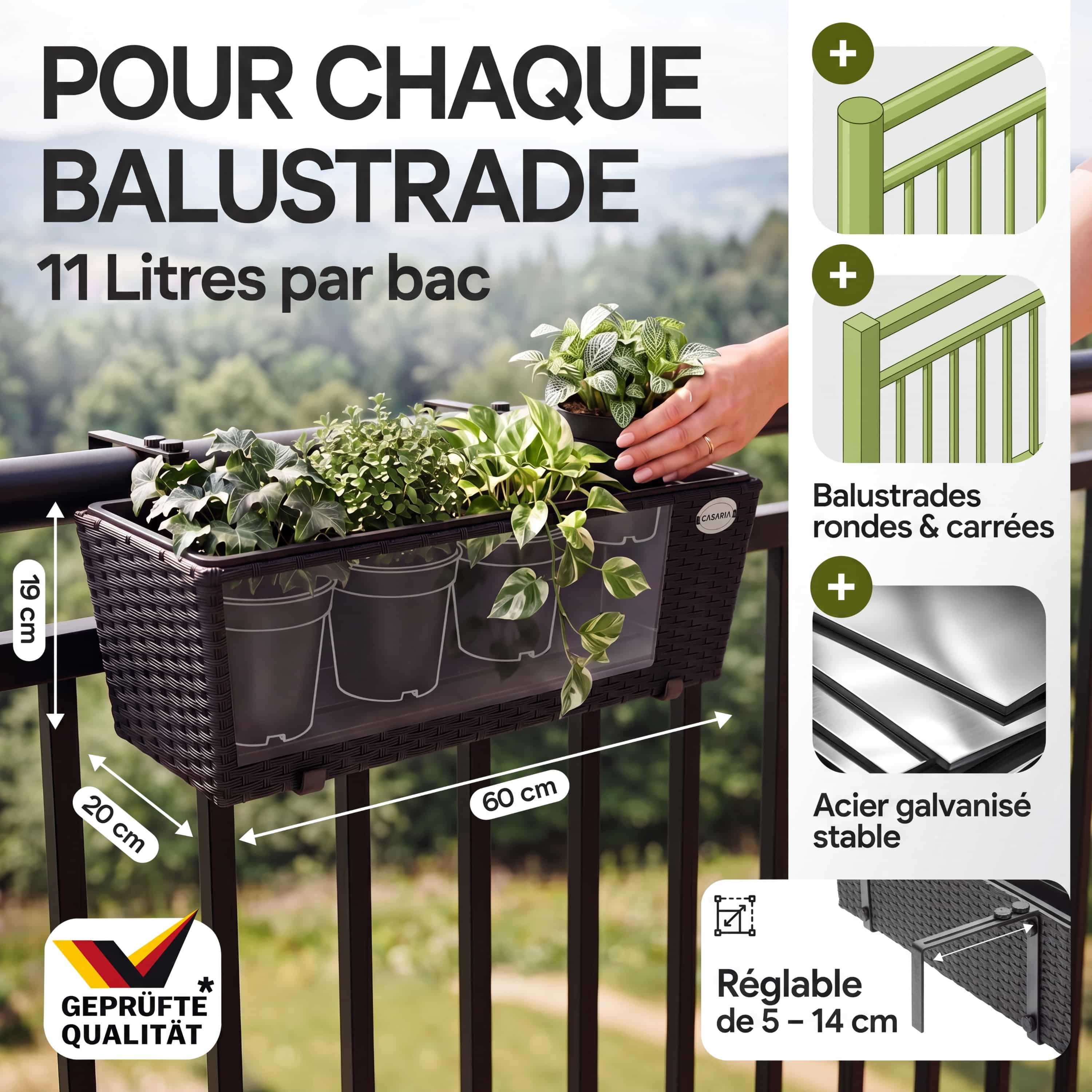 CASARIA Lot de 4x Bacs à fleurs en Polyrotin Crème - Rambarde, Balconnière - 3