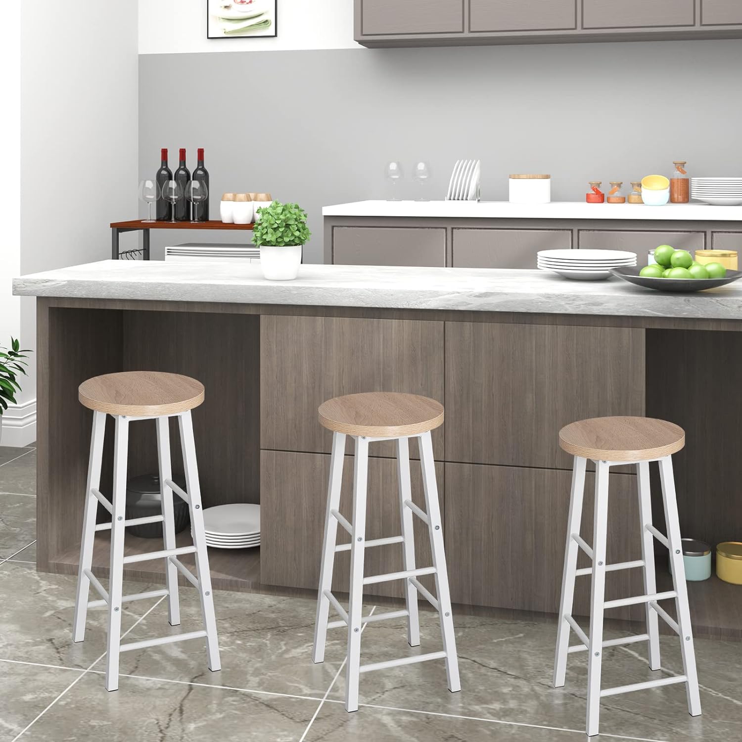 Lot de 2 Tabourets de Bar en MDF + Acier,Tabouret de Bistrot 30 x 30 x 71 cm,Chêne Clair + blanc,WOLTU - 2