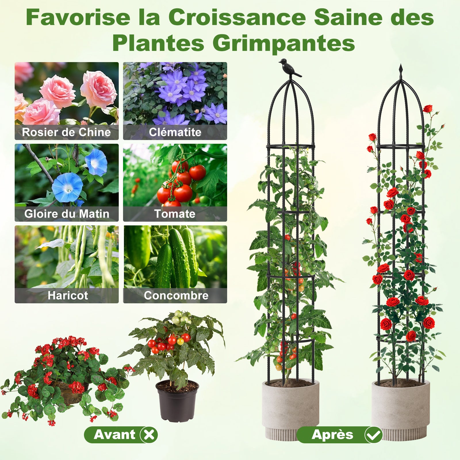 Lot de 2 Treillis Obélisque de Jardin Hauteur Réglable, Support pour Plantes Grimpantes en Métal Antirouille Mangeoire à Oiseaux, 30 x 197 CM - 7