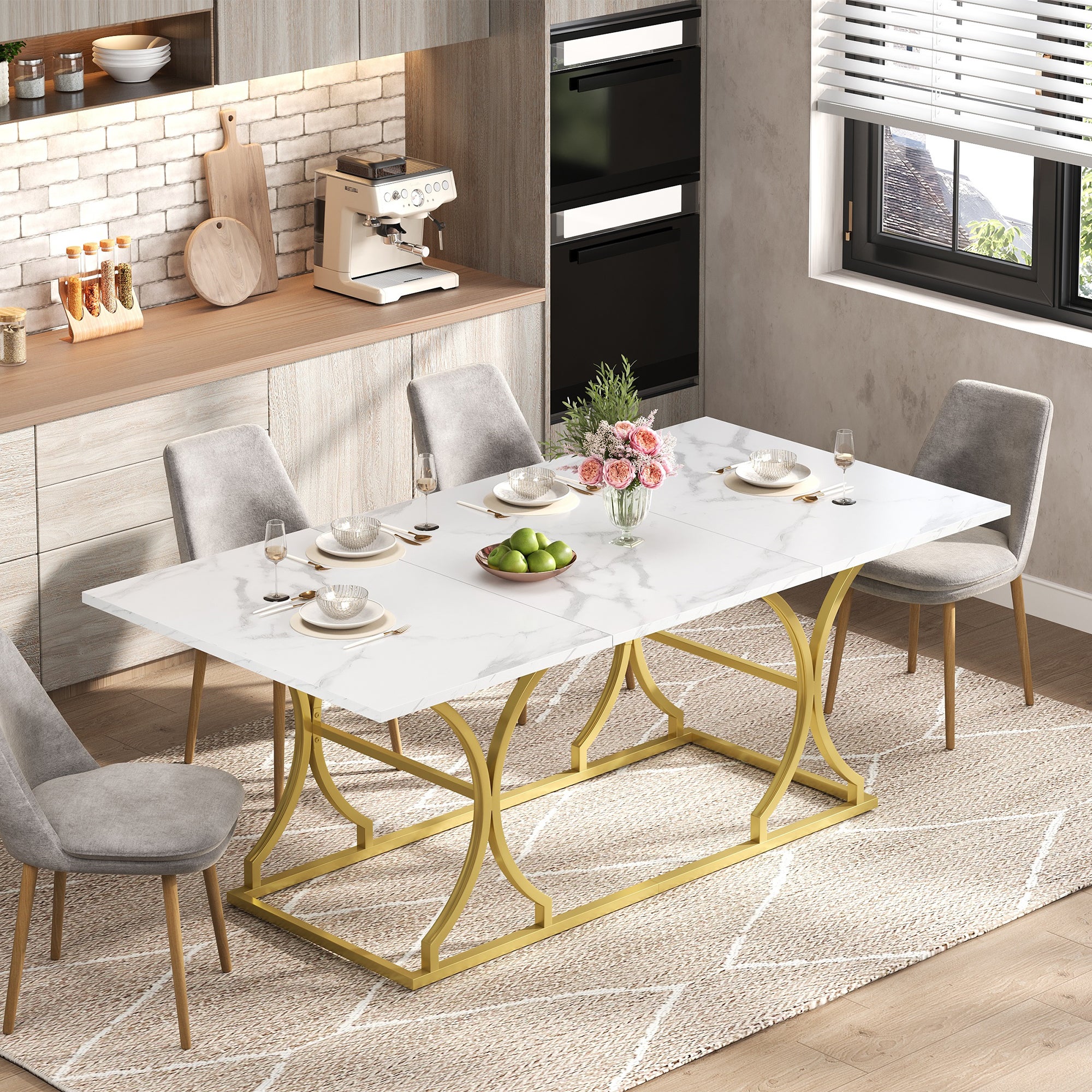 Stół jadalny prostokątny dla 8-10 osób - 200 x 80 x 76 cm - MDF i złote metalowe nogi - Do kuchni, jadalni - Biały
