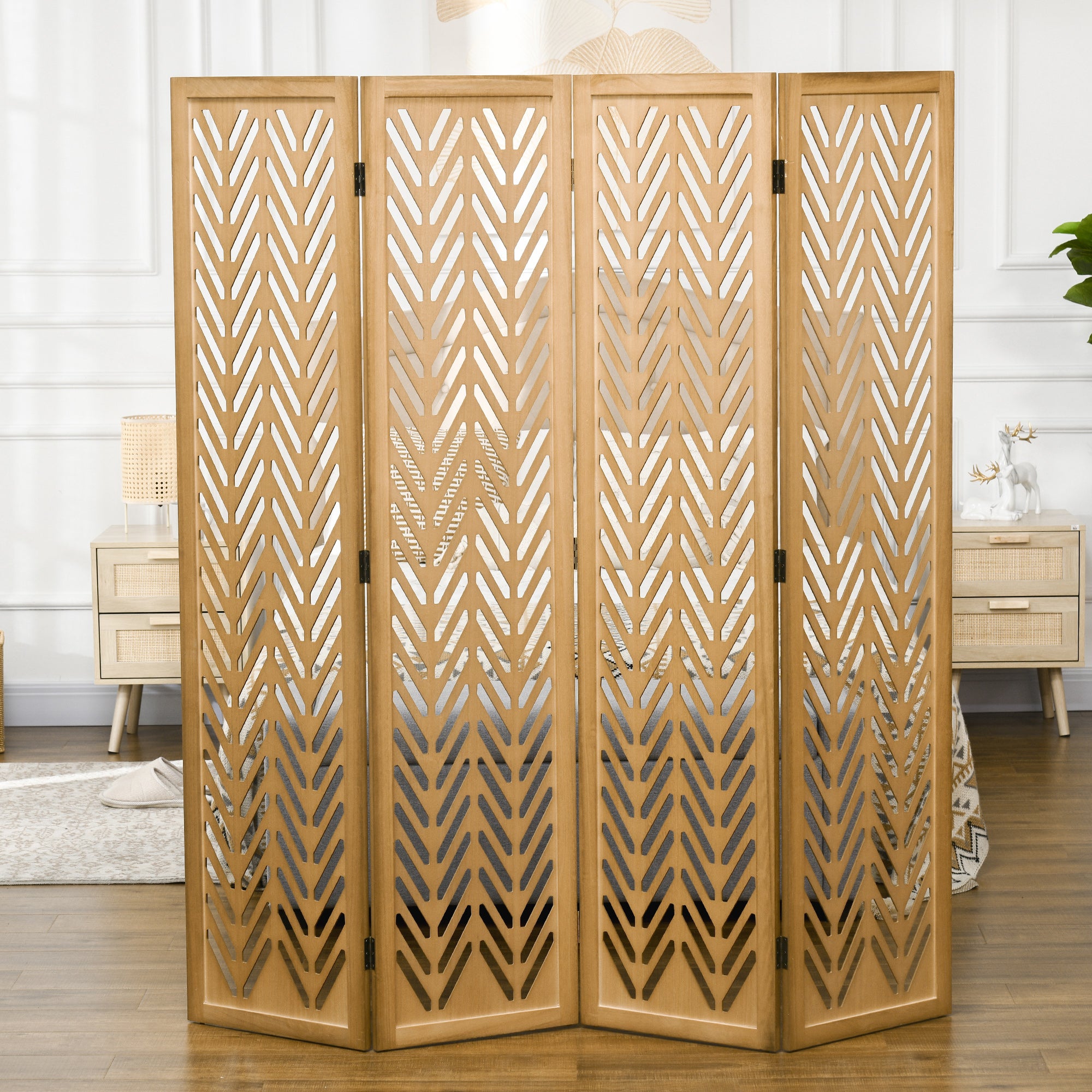 Paravent en bois ajouré séparateur de pièce closion intérieur pliable 4 panneaux en bois 160x170cm naturel - 9