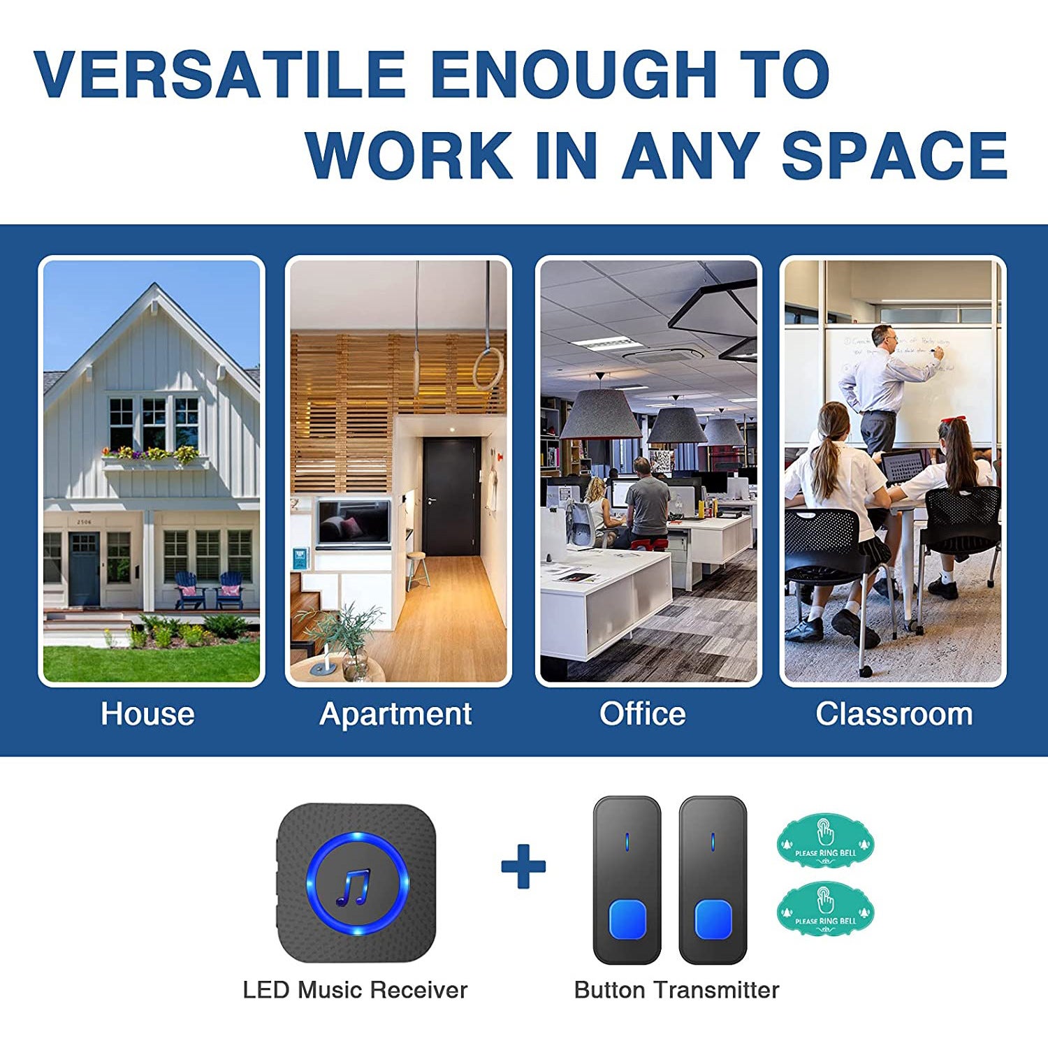 Sonnette sans Fil 400M Sonnette de Porte IP55 Étanche Carillon Electronique 55 Mélodies au 5 Niveaux Volumes LED Bleu Noir - 7