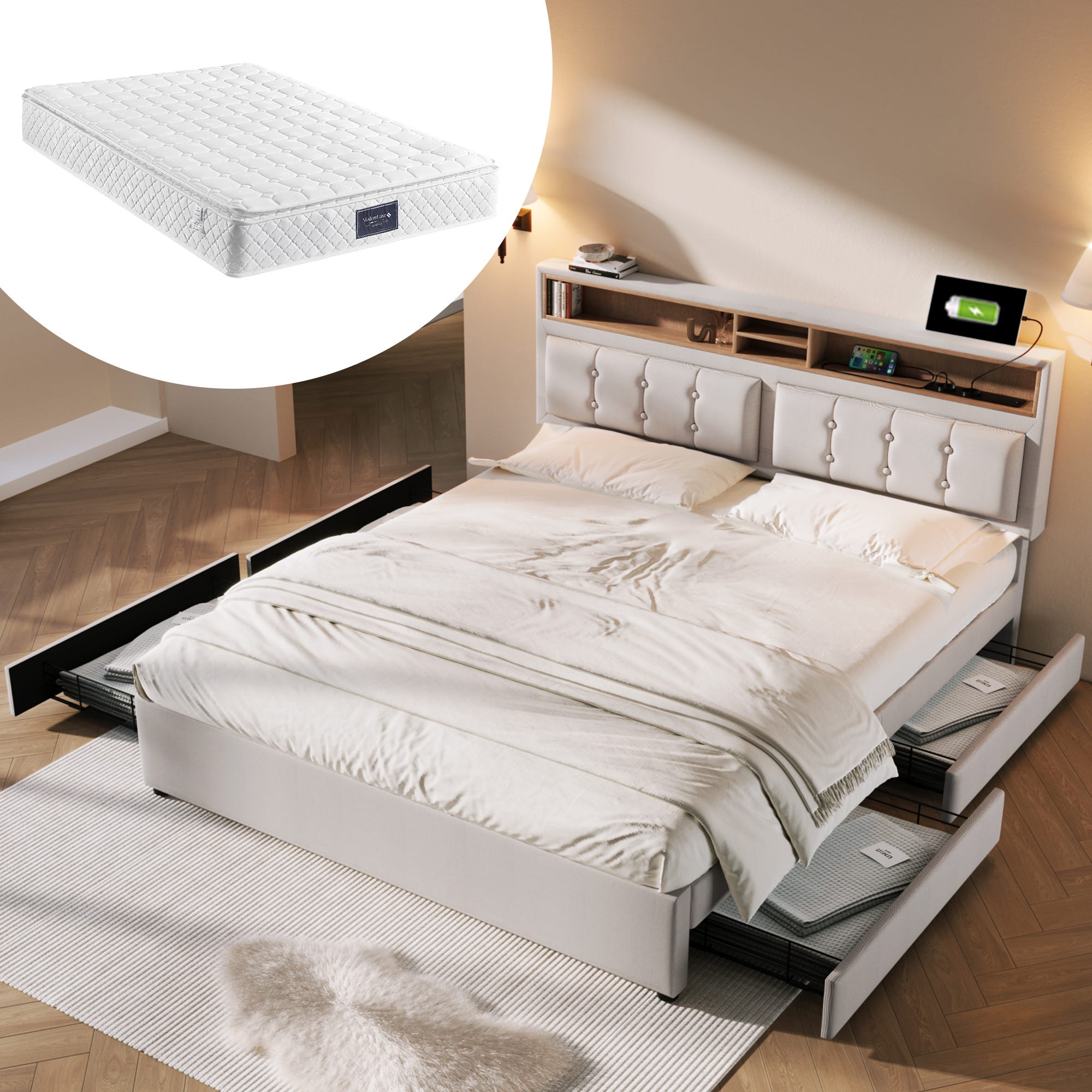 Letto Matrimoniale 140x200 Cm Con Contenitore E Luci LED - Capitonné In Velluto Beige, 4 Cassetti, USB E Type-C