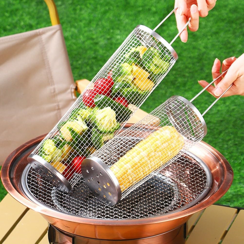 Koszyk do grilla - Koszyk do grilla na kółkach, grill ze stali nierdzewnej do mięsa, warzyw, ryb, 2 sztuki