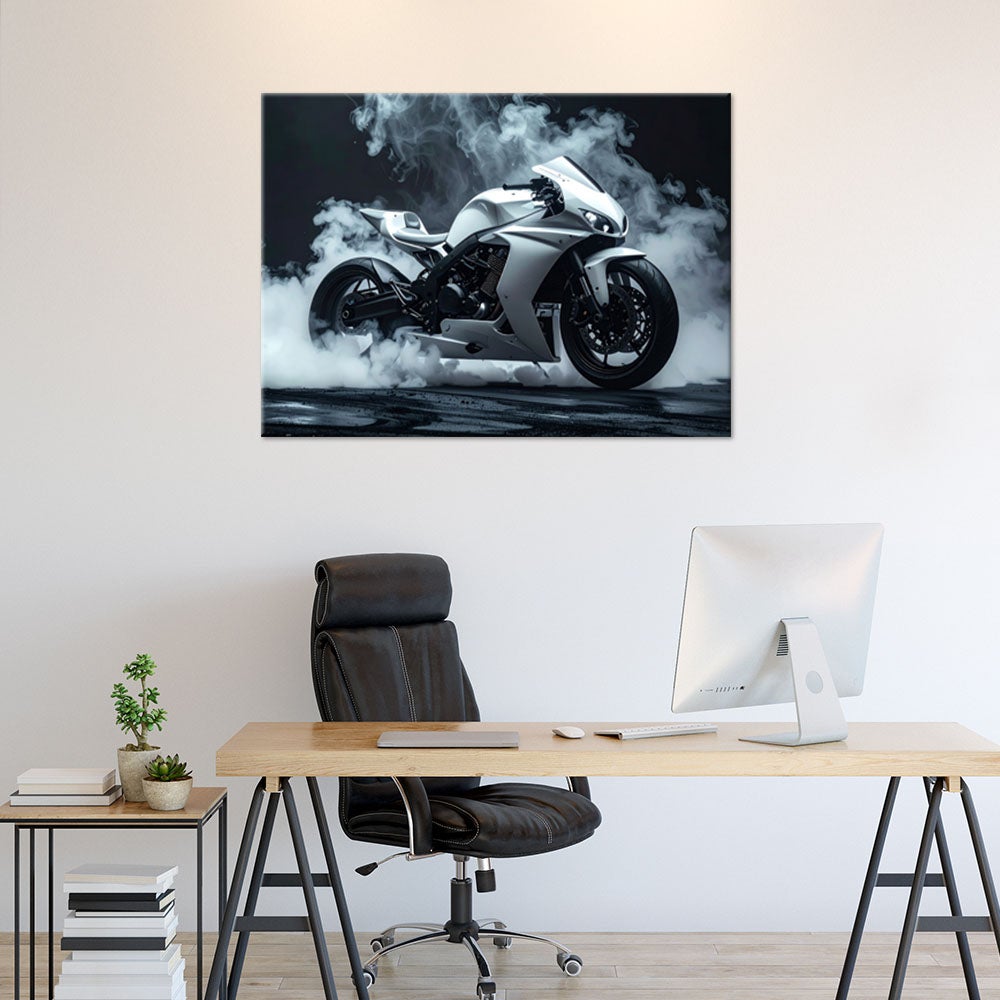 Obraz do pokoju młodzieżowego, Motocykł sportowy ścigacz biały 100x70 - 2
