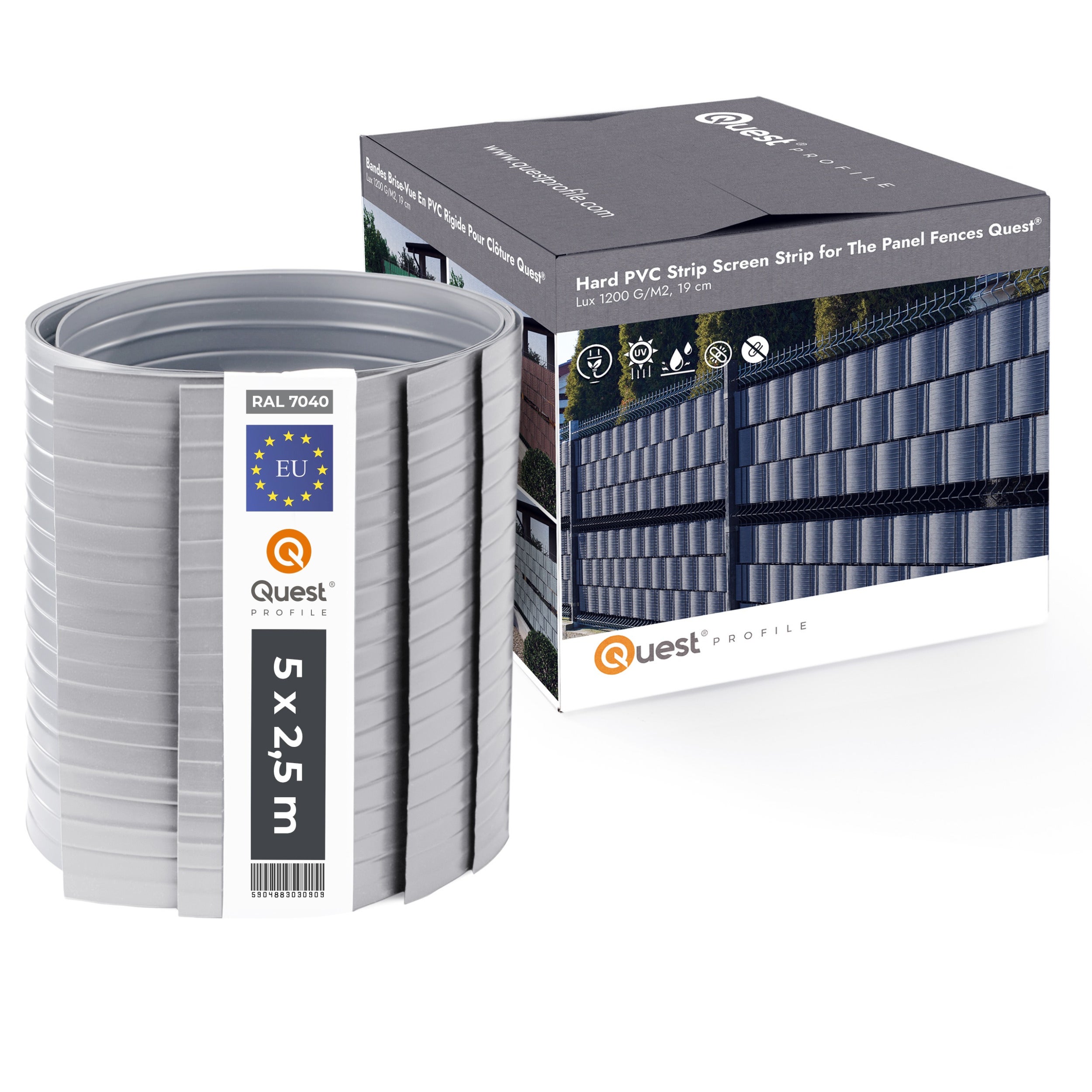 QUEST Taśma ogrodzeniowa PCV 19cm, listwa do ogrodzeń panelowych premium, 900 g/m2, RAL 7040, szary, 5 x 2,525 m