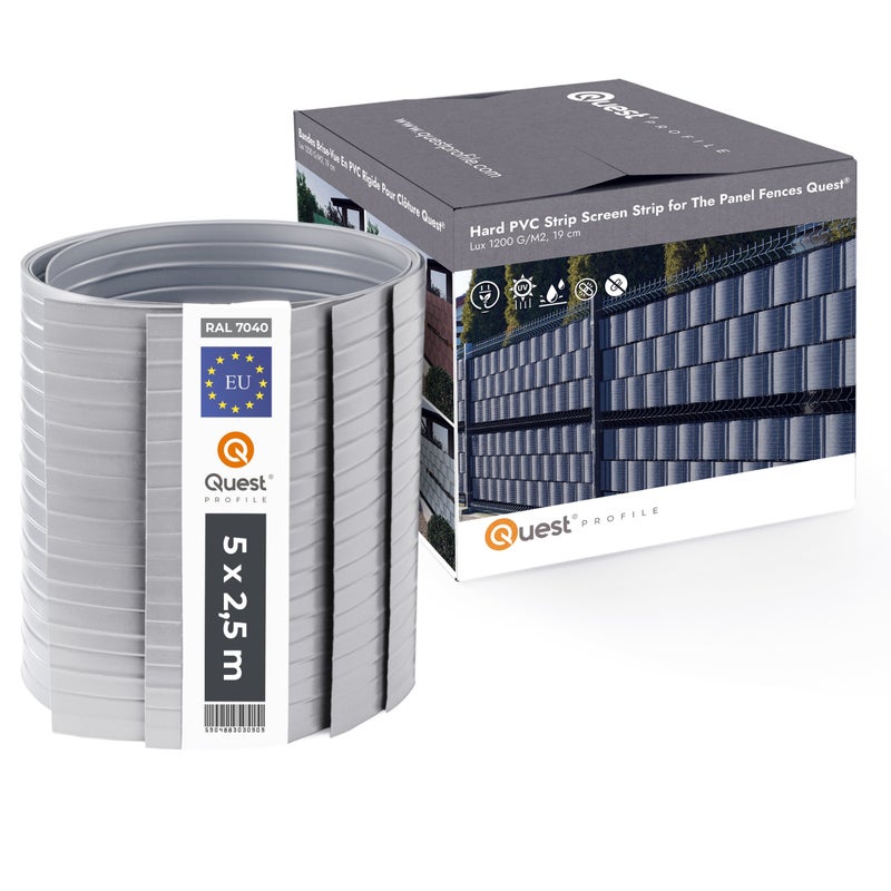 QUEST Taśma ogrodzeniowa PCV 19cm, listwa do ogrodzeń panelowych premium, 900 g/m2, RAL 7040, szary, 5 x 2,525 m
