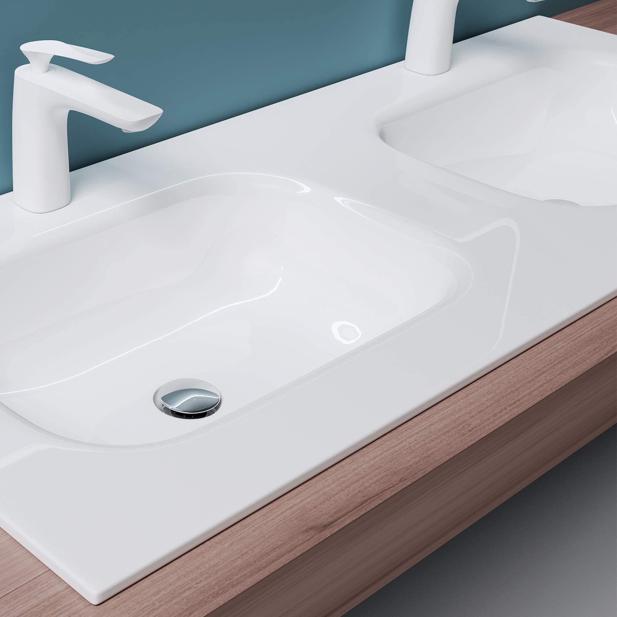Mai & Mai lave mains blanc 120cm lavabo pour 2 à encastrer en résine double vasque rectangulaire sans trop-plein Col04 120x48x14cm - 4