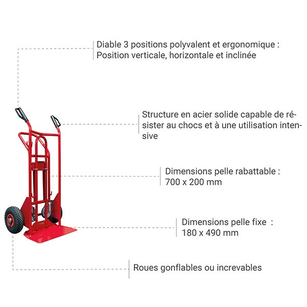 Diable 3 positions acier - Charge max 250kg / 350kg - Roues increvables - 810009344 - 3