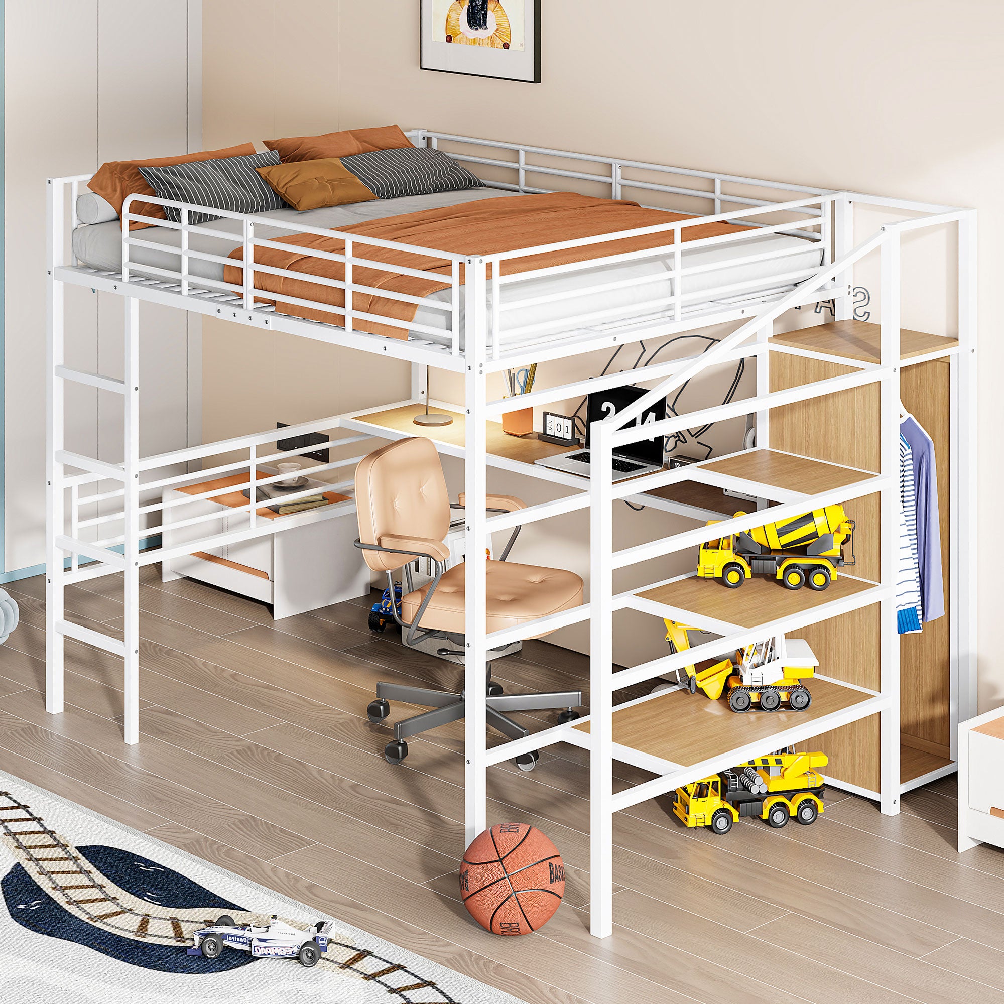 Cama Alta, 140x200cm, Escritorio, Armario, 3 Cajones, Espacio De  Almacenamiento Abierto Barandilla Escalera Sin Colchon Blanco, image size:2000x2000