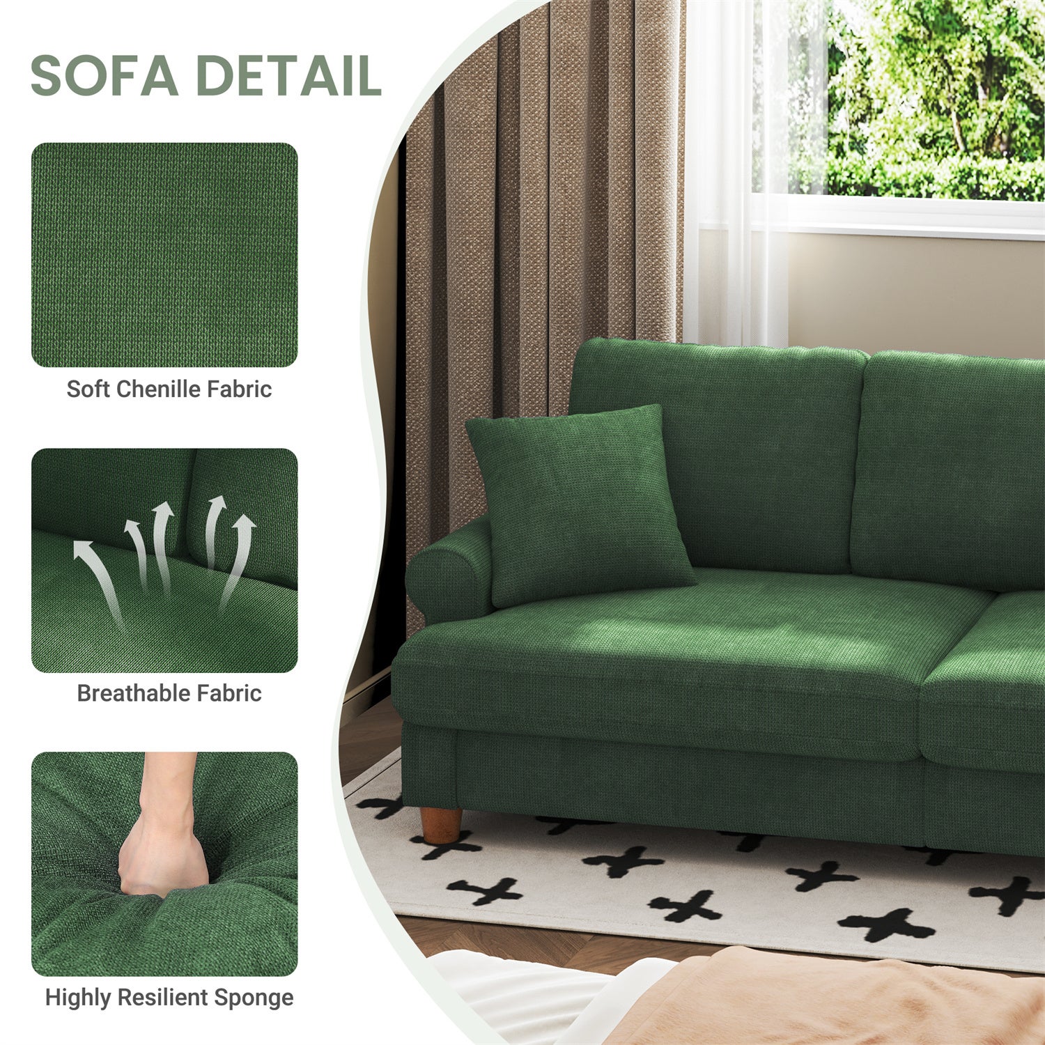 Grand Canapé 3 Places en Chenille Vert avec accoudoirs,coussins et oreillers,Canapé Scandinave pour le salon,220×74×86cm - 7