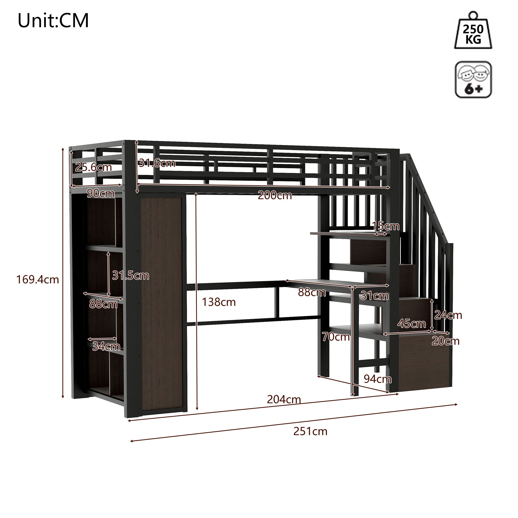 Lit mezzanine en métal 90x200 cm avec bureau et éclairage led app, lit superposé enfant avec escalier de rangement et étagères, noir (sans matelas) - 3