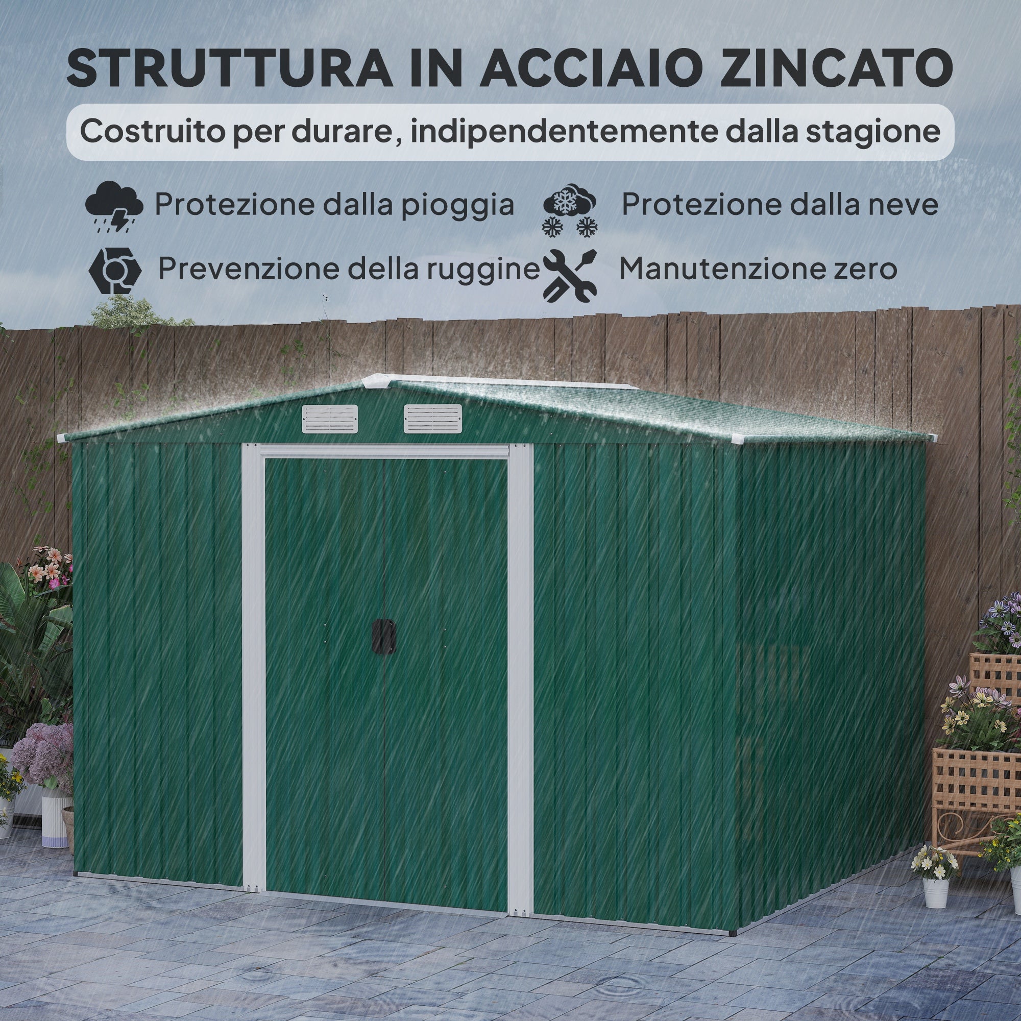 Outsunny Casetta Giardino Acciaio, Base, Porte Scorrevoli, 258x206x178cm, Verde - 4