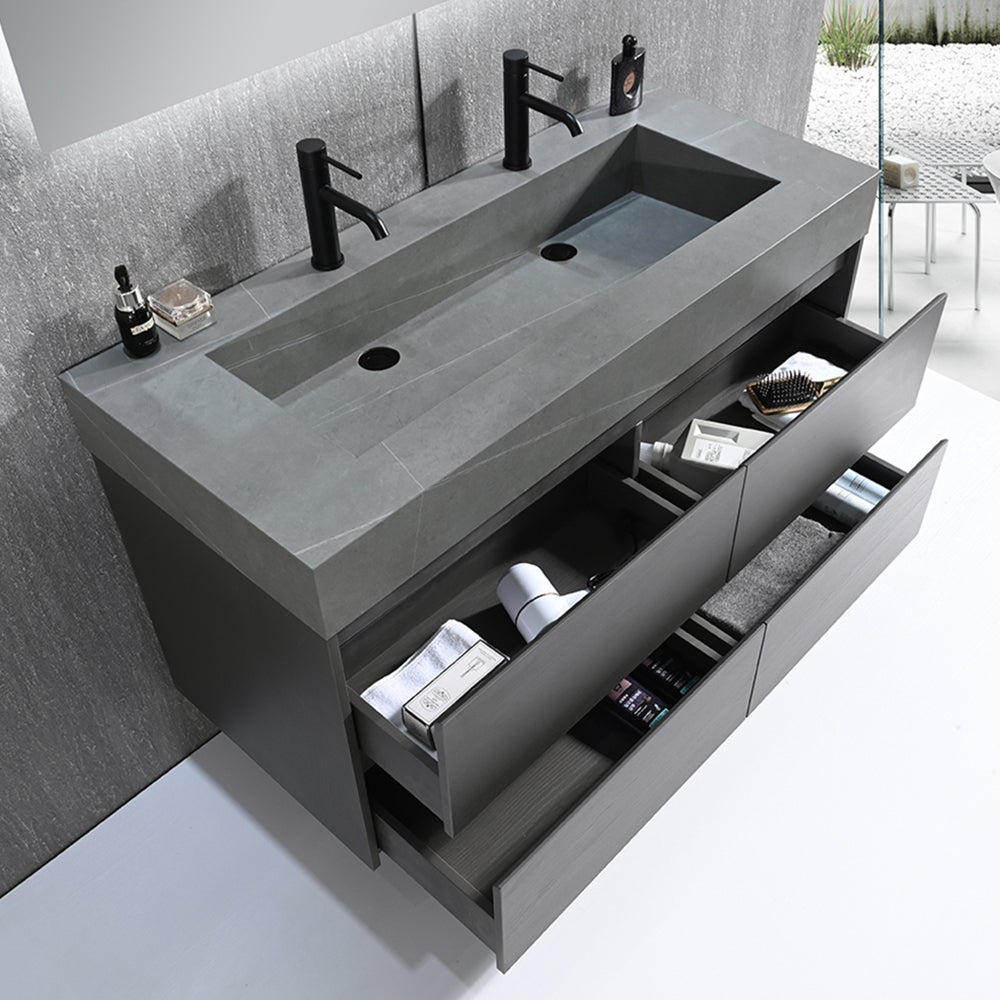 Meuble salle de bain double vasque 120cm gris et effet marbre gris avec miroir LED LB-8476G-120 - 4