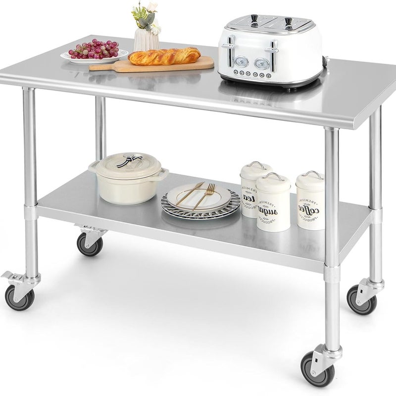 Wózek Kuchenny Stół Roboczy na Kółkach ze Stali Nierdzewnej z Regulowanym Regałem, 122 x 61 x 90 cm