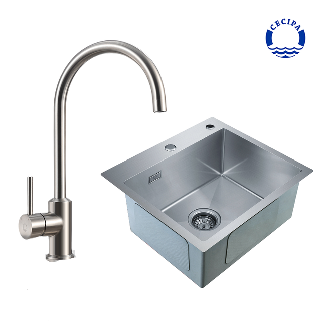 Cecipa max 2 en 1 Evier 1 Bac Évier de Cuisine Carré Inoxydable Brossé 50*45*18.5cm + Robinet de Cuisine Chrome
