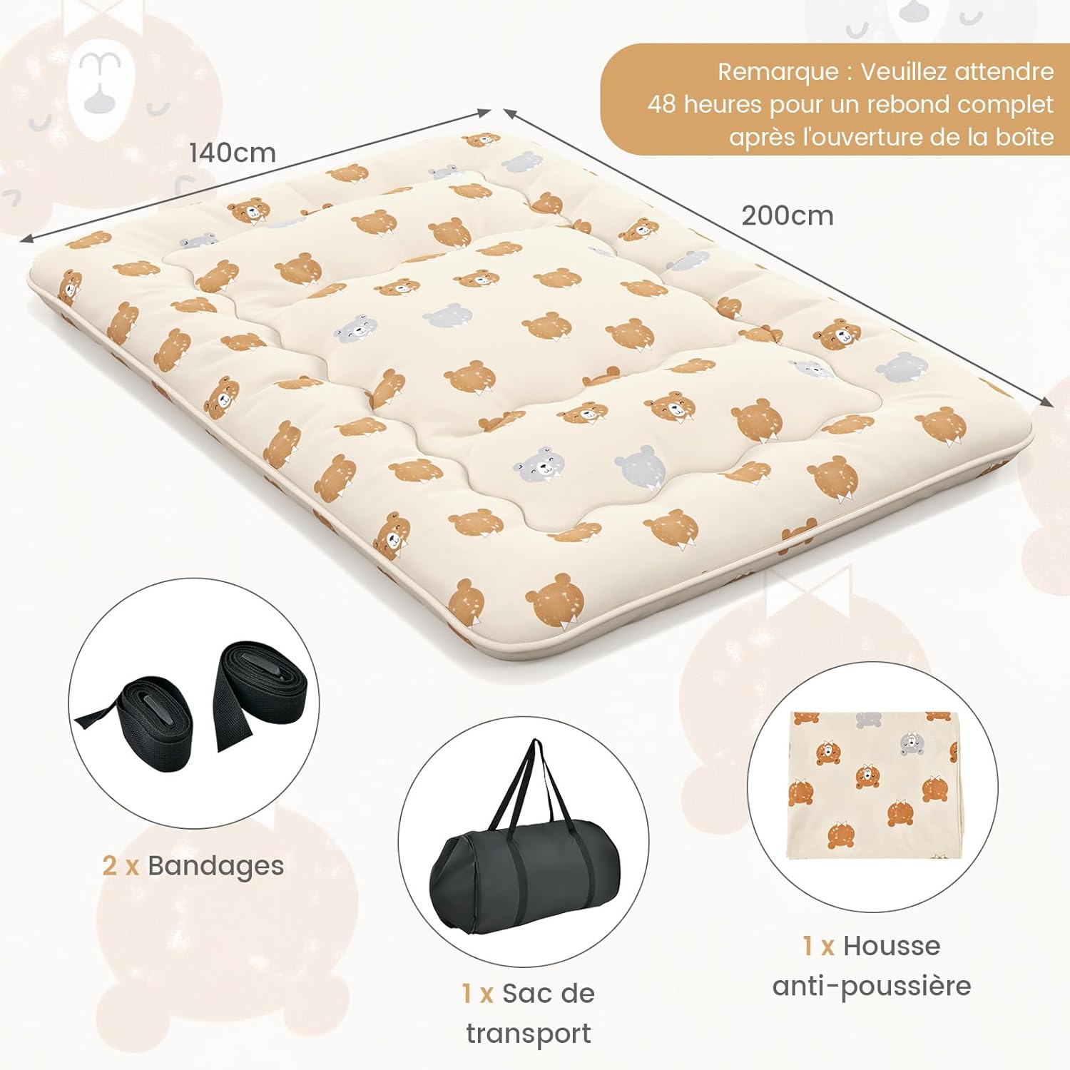 Matelas Futon Japonais 2 Personnes 140x200CM, Lit de Couchage Enroulable de Sol Pliable et Portable avec Sac de Transport pour Camping, Voyages, Ours - 5