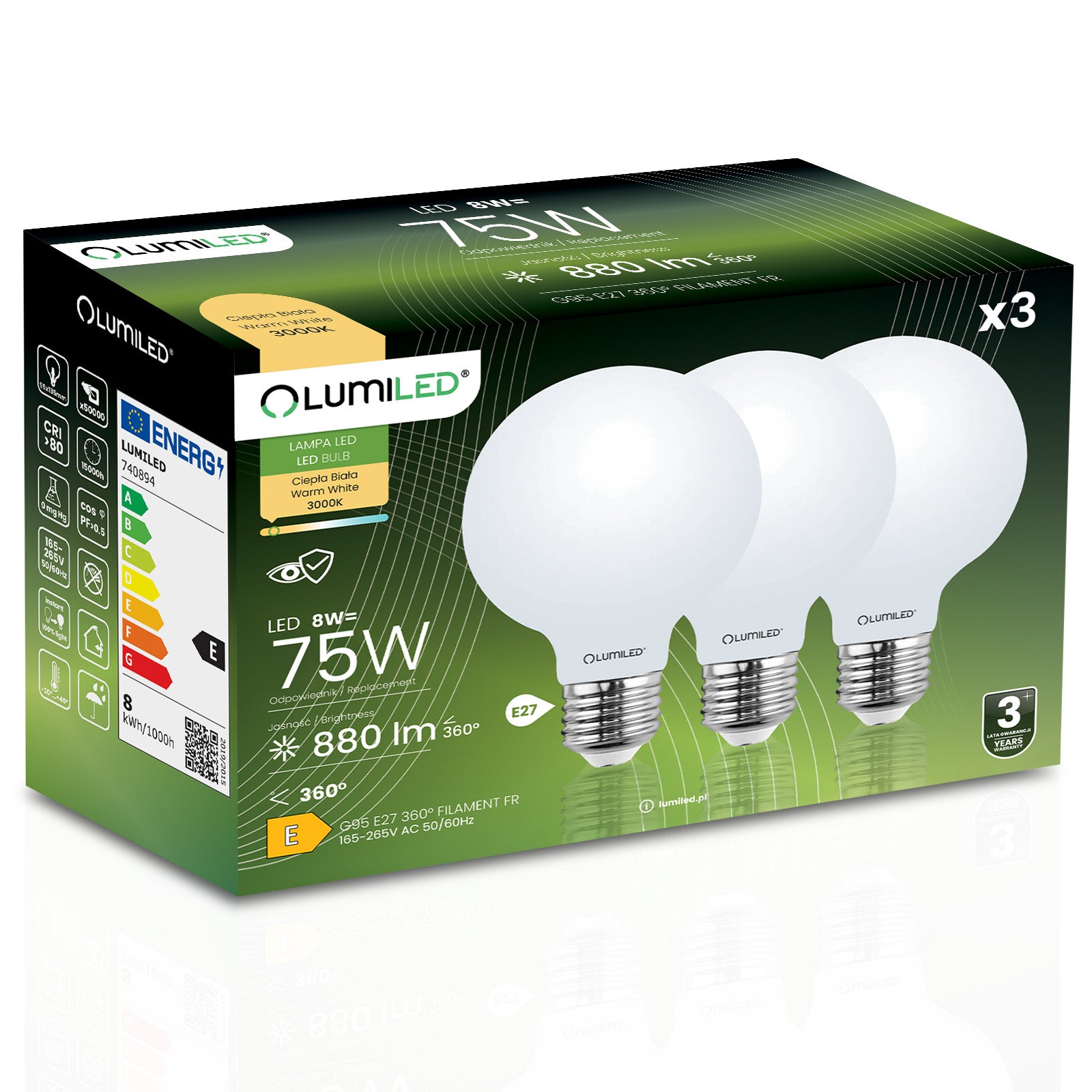 3x Żarówka Lumiled LED E27 Kula G95 8W = 75W 880lm 3000K Ciepła 360st Filament