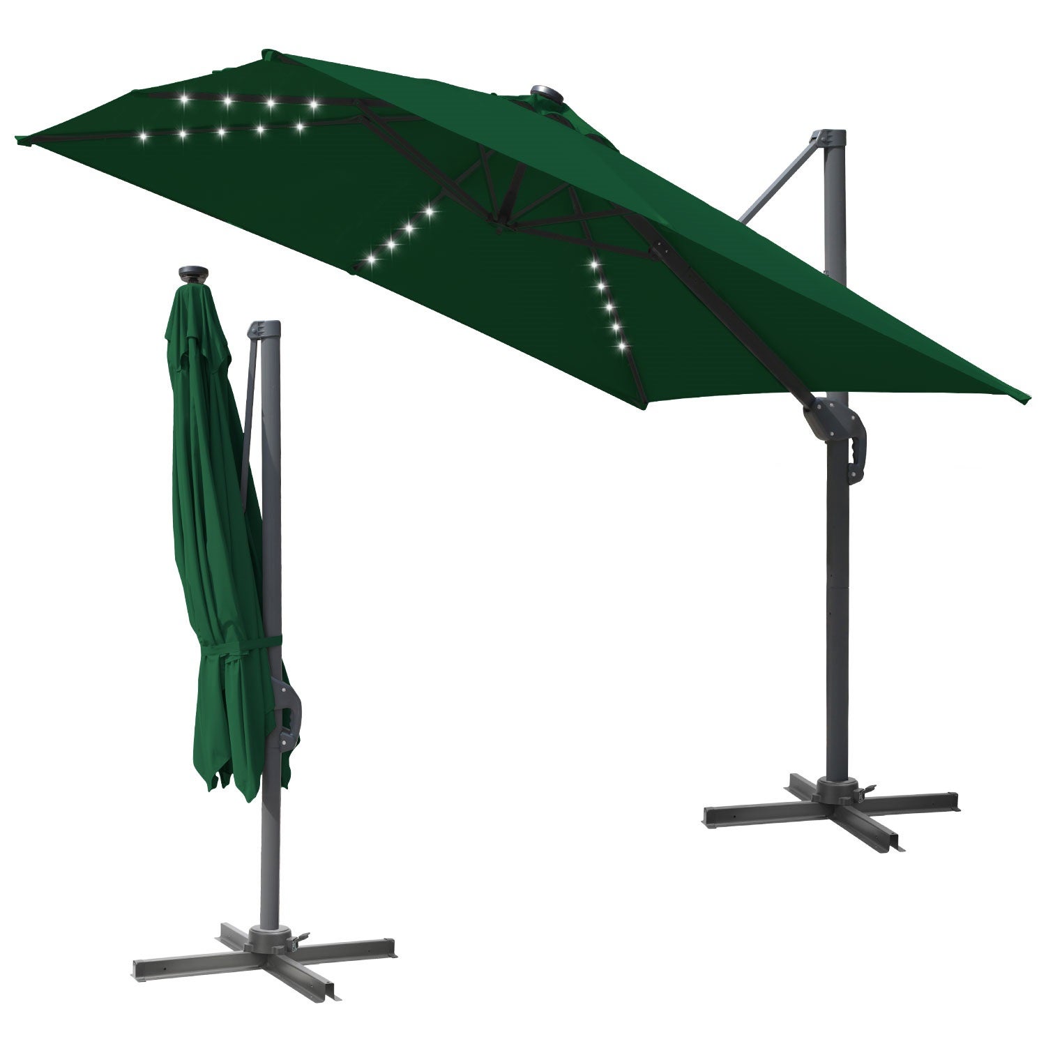 Parasol składany 3 x 3 m, składany parasol ogrodowy, podstawa obrotowa 360°, ochrona UV50+, dioda LED, kolor zielony