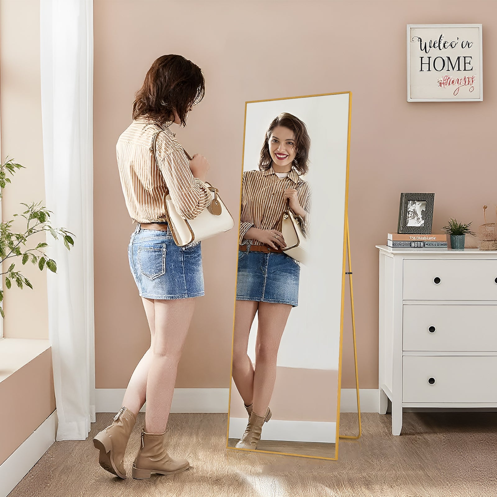 Miroir sur pied pleine longueur, 162 x 53 cm, Doré HD, cadre en alliage d'aluminium, miroir mural en verre trempé, idéal pour la chambre, le dressing - 8