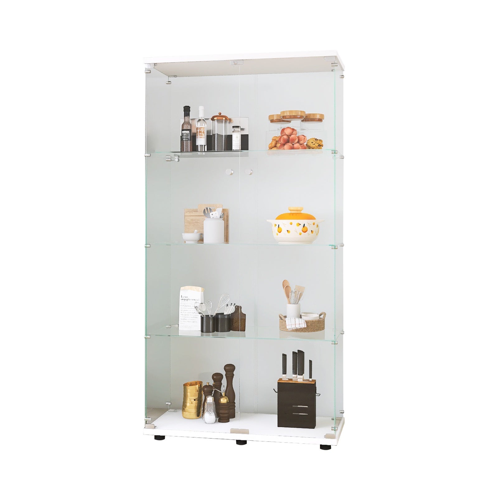 Vitrina de exposición de vidrio - Mueble de almacenamiento con 4 estantes y 2 puertas - 164,3 x 80,5 x 36,3 cm - Salón, despacho - Blanco - 6