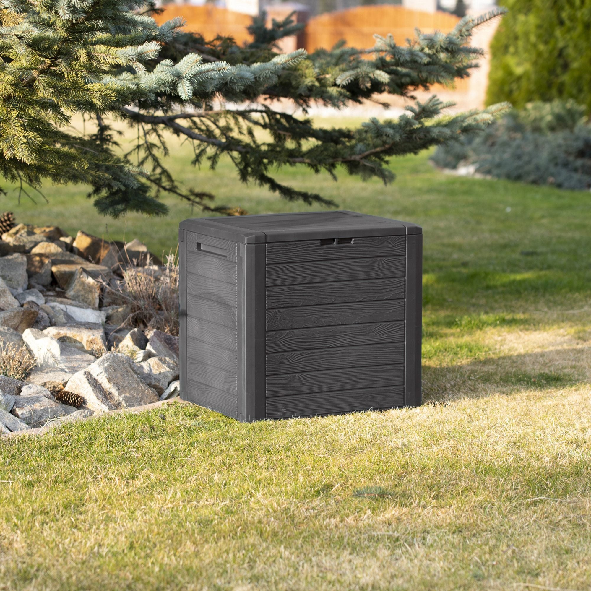 PROSPERPLAST Baúl de jardín WOODEBOX 140L., dimensiones (mm) 585x460x550, color Antracita - 8