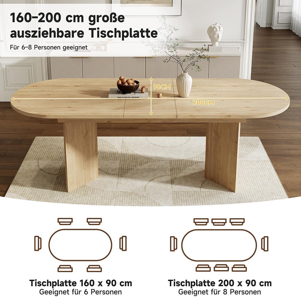 Table rallonge 160/200x90cm chêne - 6-8 pers, coins arrondis, plateau épais - 9